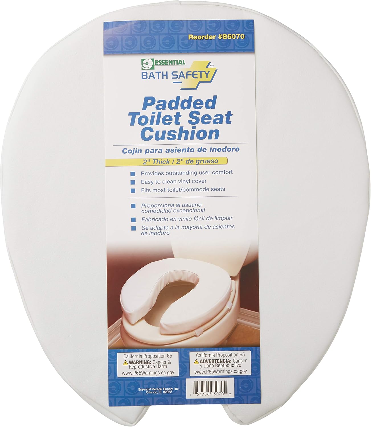 Essential Medical Supply Foam Padded Toilet Seat Cushion Riser with Hook and Loop Attachment for Toilet Seat and Washable Vinyl Cover, 2"