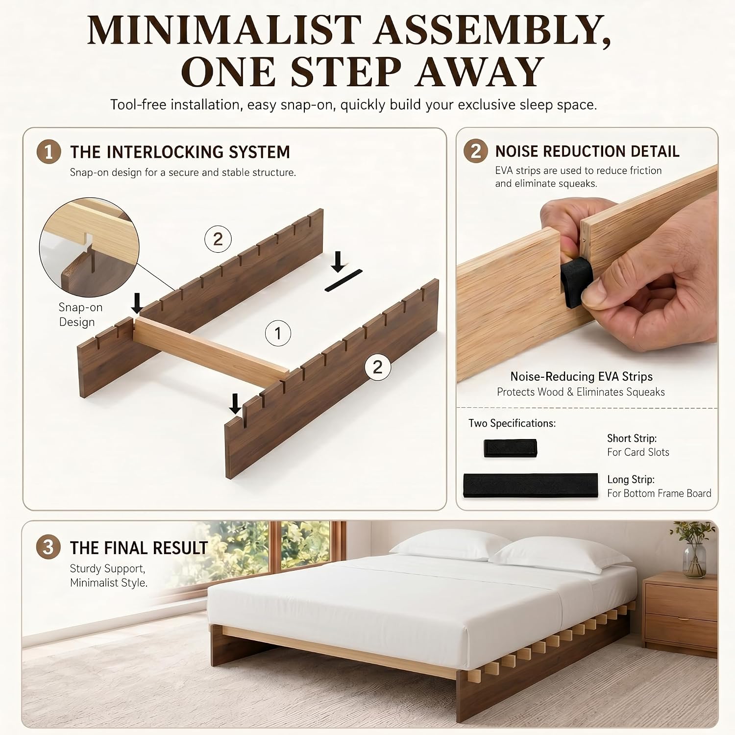 Brafab Tooless Queen Bed Frame, Wooden Japanese Joinery Platform Bed Frame | Wood Slat Support, Assembly in 10 Min, 8" Underbed Storage, No Box Spring Needed, Noise Free, Kid-Friendly Design, Natural