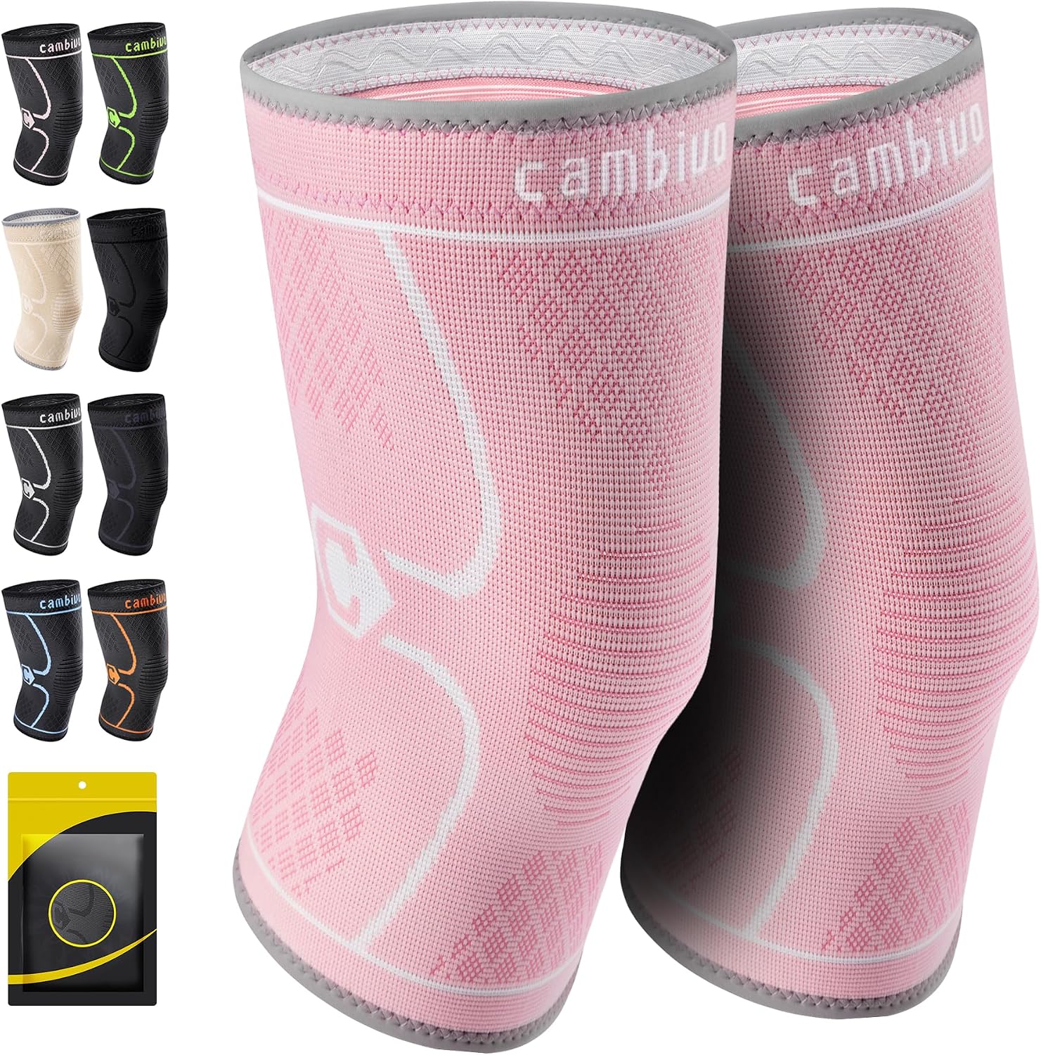 CAMBIVO 2 Pack Knee Braces for Women & Men, Knee Compression Sleeves for Knee Pain Relief, Knee Support with Non-Slip Silicone, Breathable, for Running, Workout, Weightlifting & Daily Use, Arthritis Support (Black, Medium)