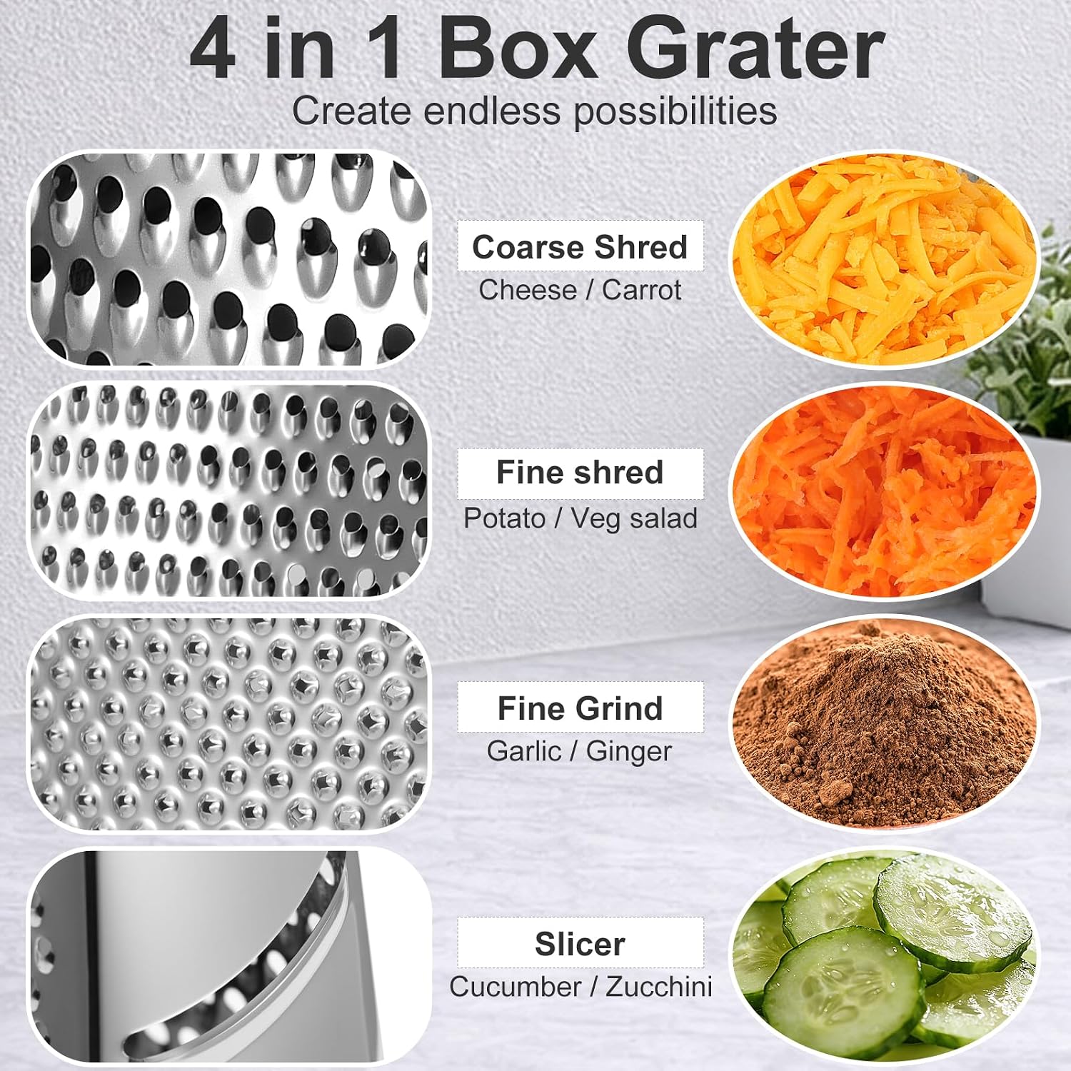 Ourokhome Cheese Grater with Handle, Stainless Steel Box Grater, 4 Side Kitchen Vegetable Shredder Slicer Zester with Container for Parmesan, Cabbage