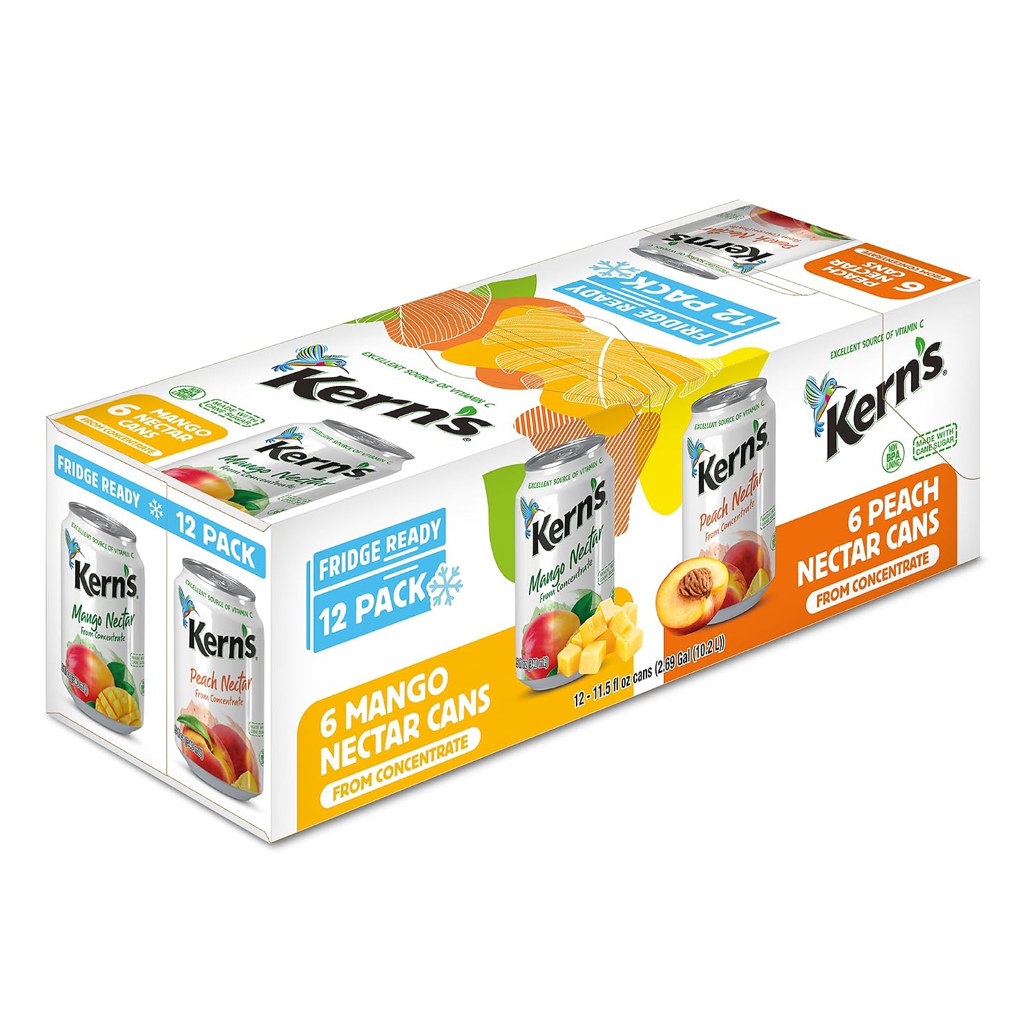 Kern’s Tropical Fruit Nectar Juice Variety Pack - Mango Nectar & Peach Juice - Made from Fruit Puree for Smoothie Mix, Cocktail Mixers & Kids Drinks - 11.5oz, 12 Pack Canned Drinks