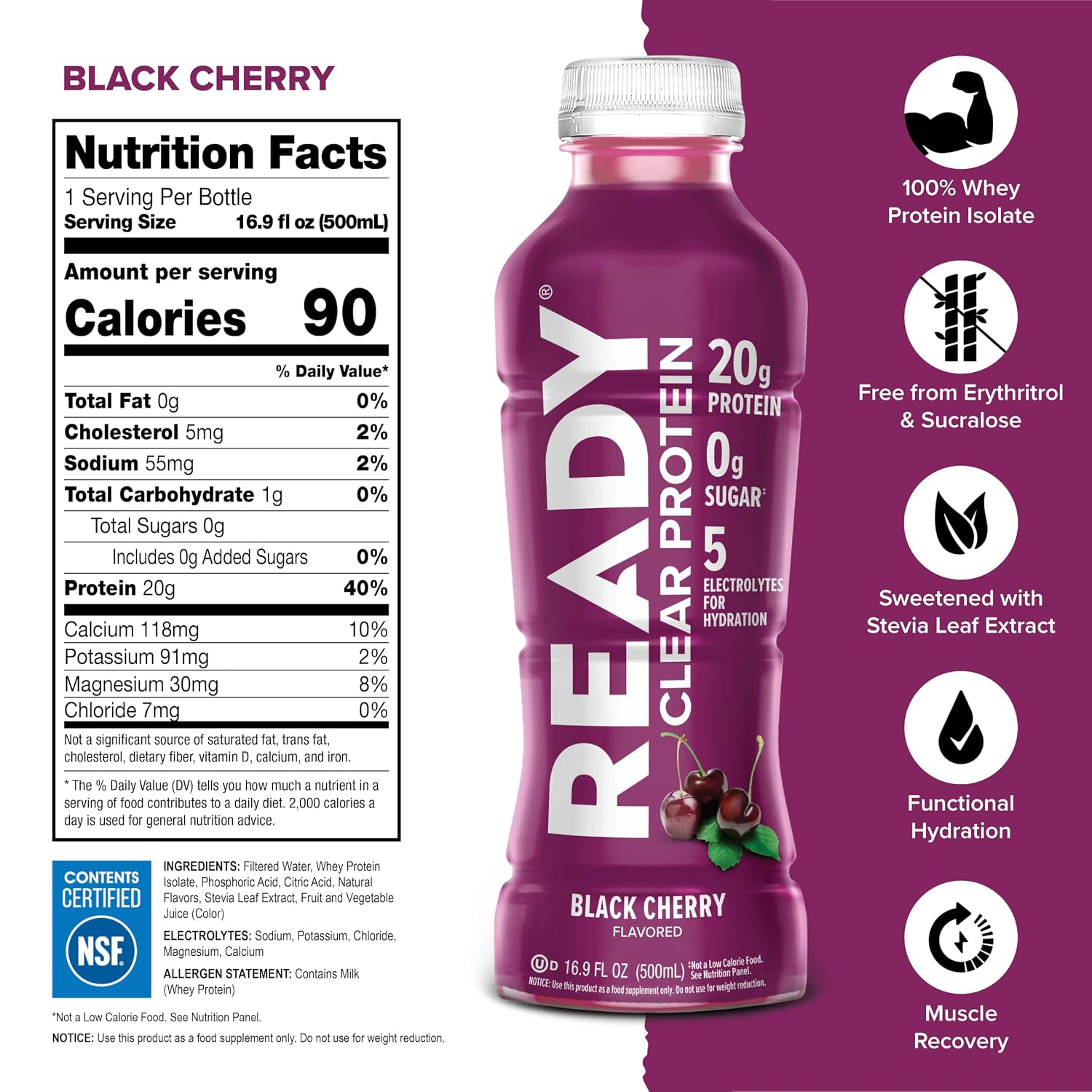 Ready Clear Protein Water, Blueberry, 20g Whey Protein Isolate, 12 Pack