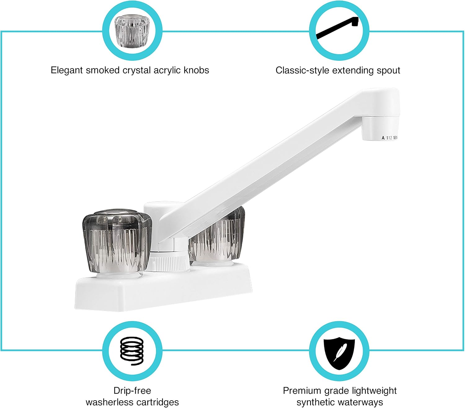 Dura Faucet DF-PK640S-WT RV Swivel Kitchen Galley Bar Faucet (White) | Smoked acrylic knobs and a rotating spout serve sink or bar duty.