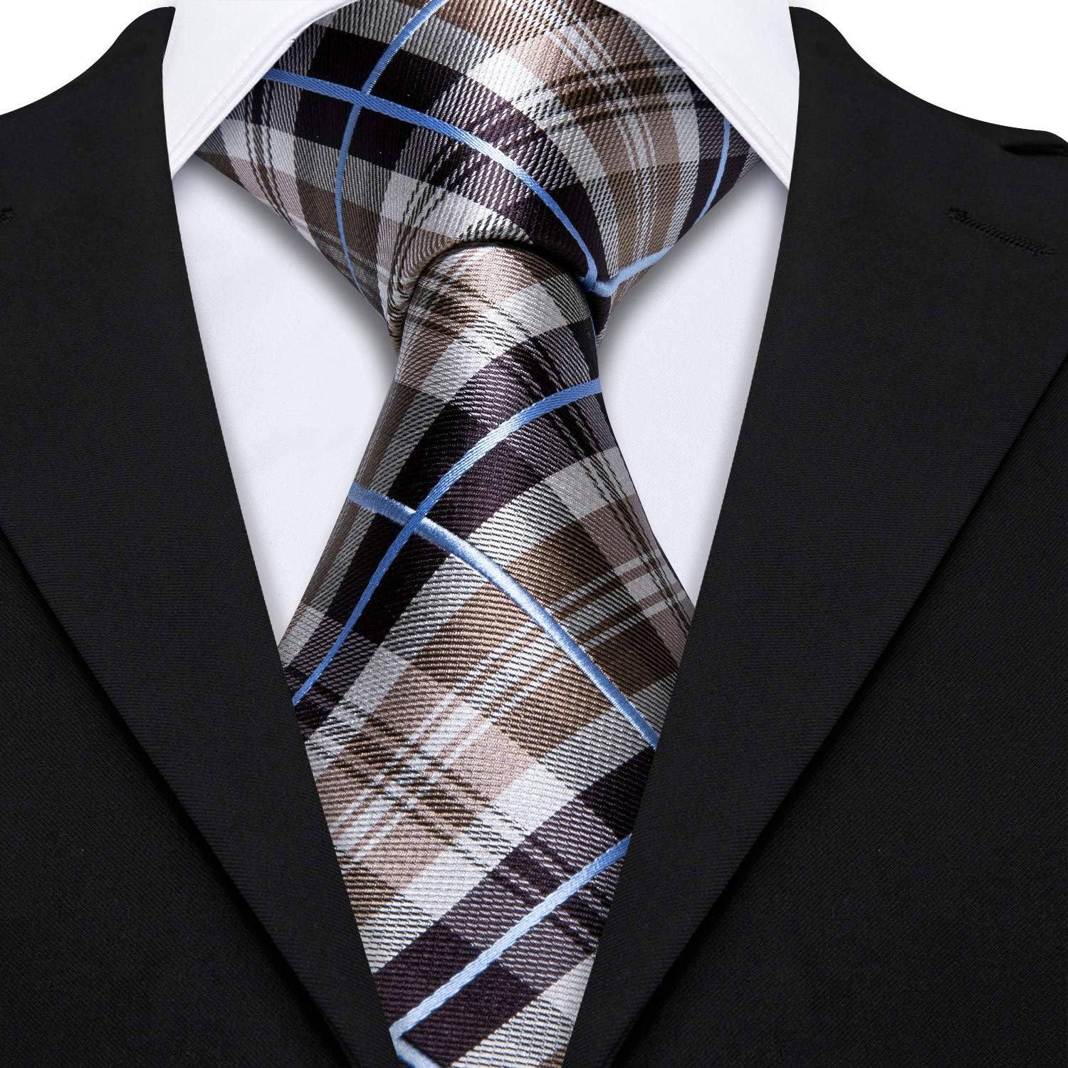 Barry.Wang Plaid Ties for Men Silk Necktie Handkerchief Cuff Links Set