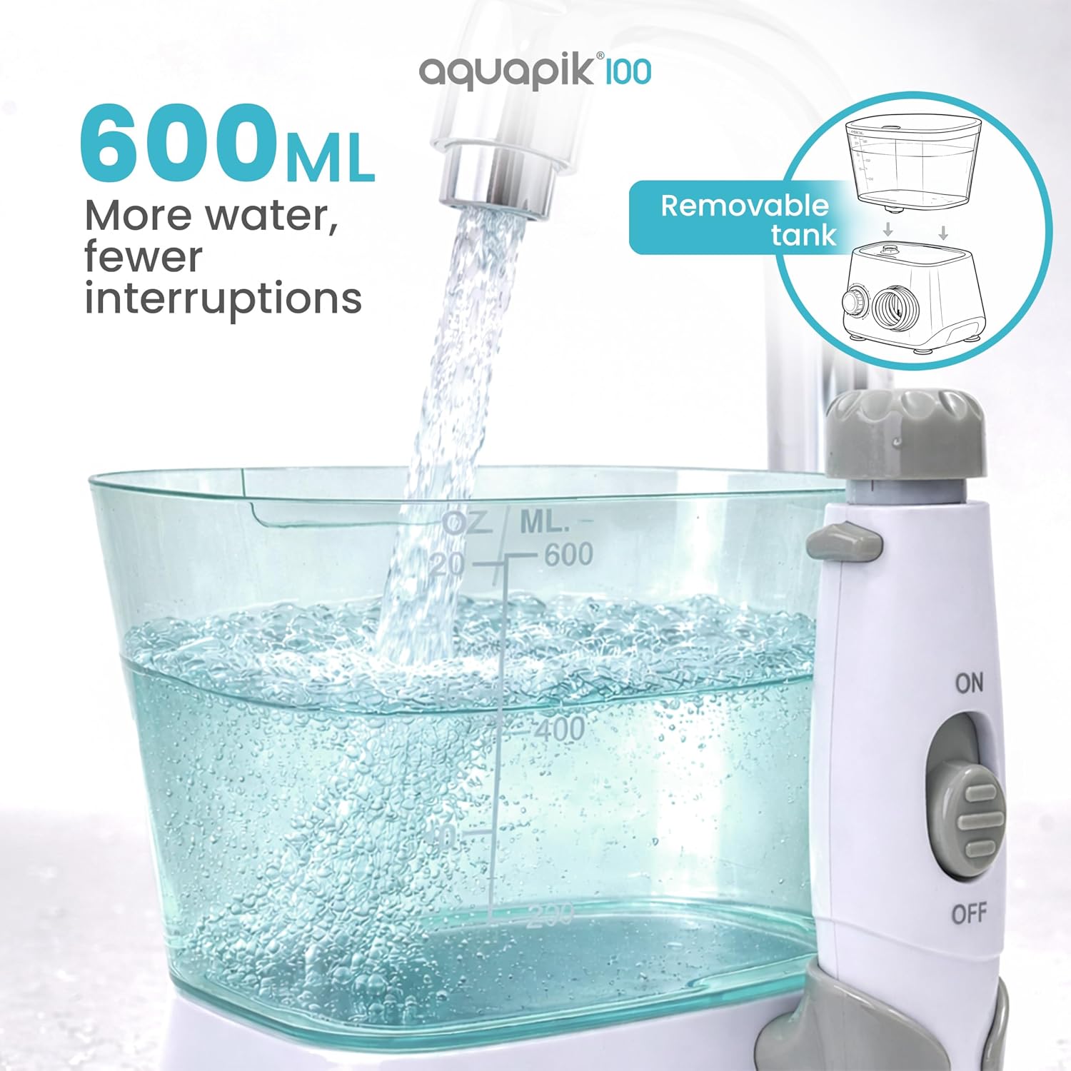 Bostontech Aquapik 100 Countertop Water Flosser for Teeth, 600 ml Corded Oral Irrigator with 10 Pressure Levels, 8 Nozzles Including Nasal Tip