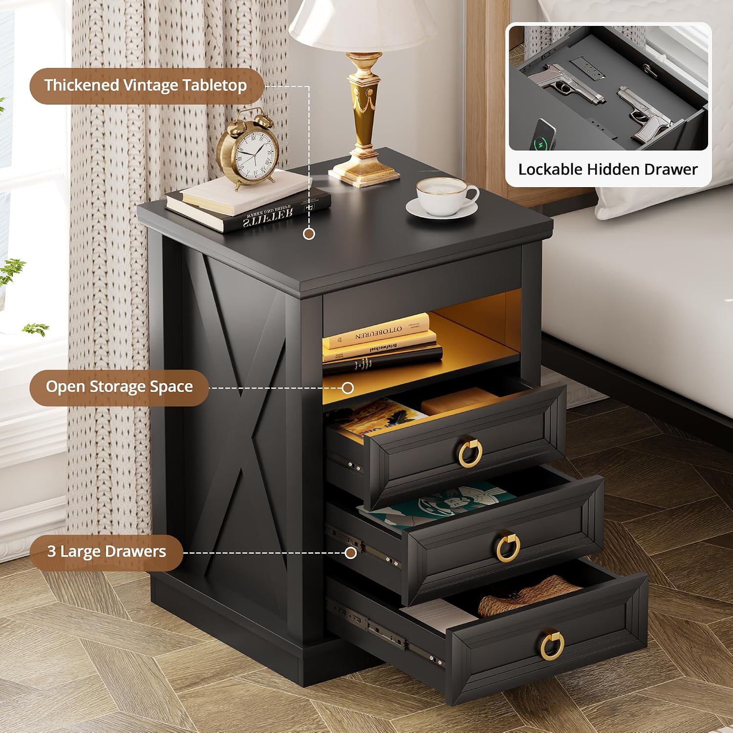 Farmhouse Nightstand with Lockable Hidden Drawer, Human Sensor LED Bedside Table with LED Lights & Charging Station, Rustic Wood Sofa Side End Table with 3 Drawers for Bedroom (Black)