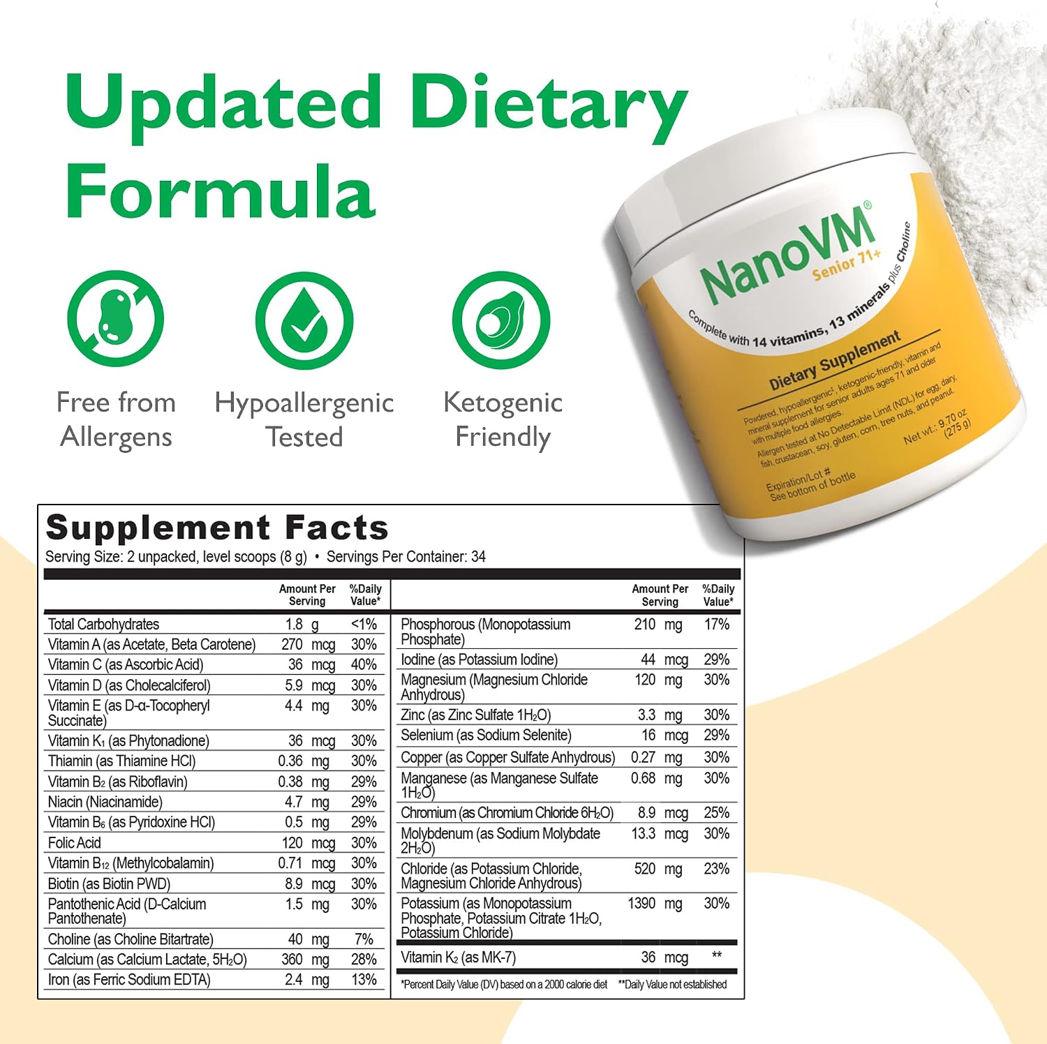 1-3 Years, Allergen-Free Multivitamin for Kids, Unflavored Dietary Supplement, Powdered Supplement with 14 Vitamins & 13 Minerals, Low-Carbohydrate Toddler Vitamins, 275g - Solace Nutrition