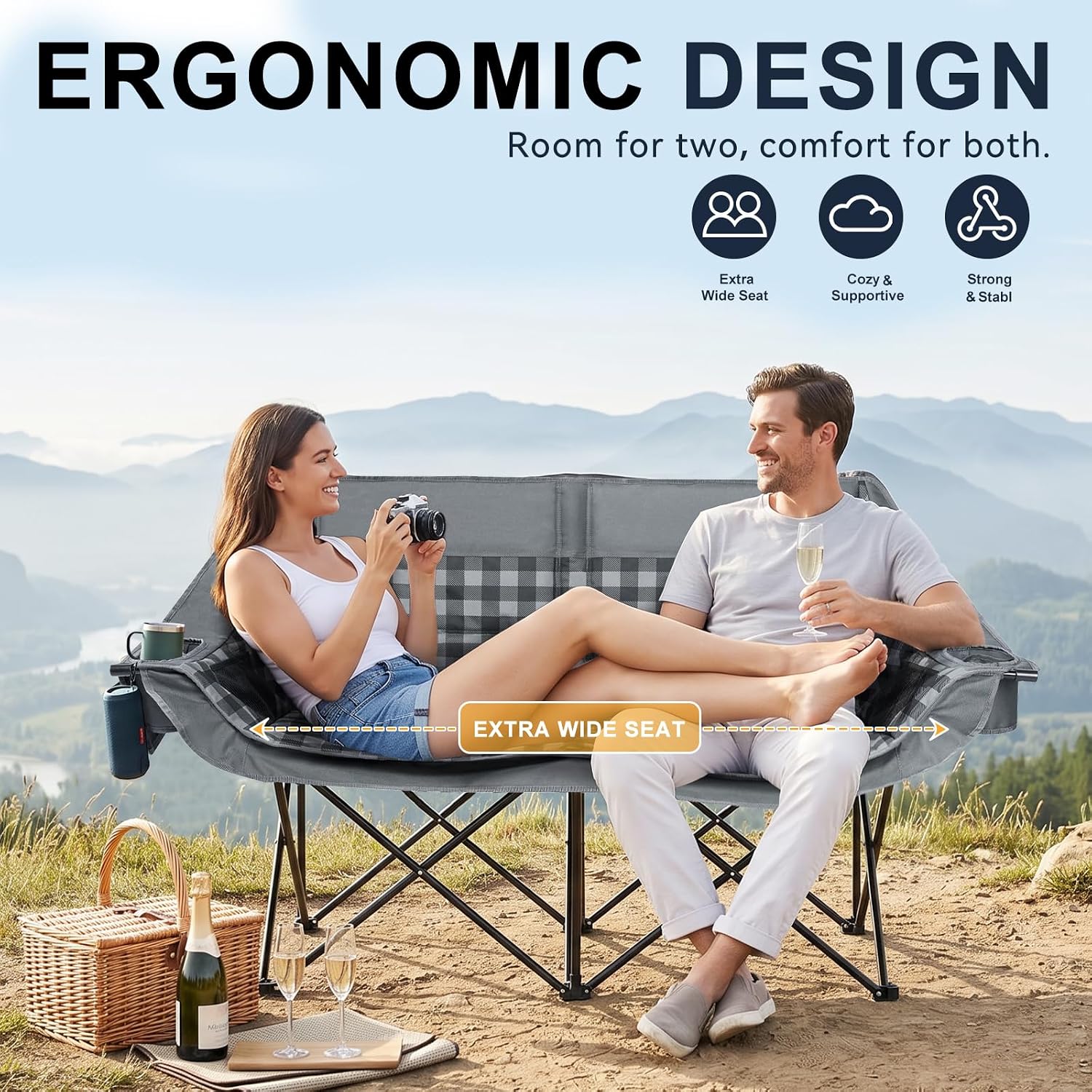 Oversized Camping Chairs for Adult - Heavy Duty Padded Portable Folding Chair XL Collapsible Camp Chair with Cup Holder Side Pocket for Outdoor Lawn Beach Sport Fishing Support 500LBS, Grey