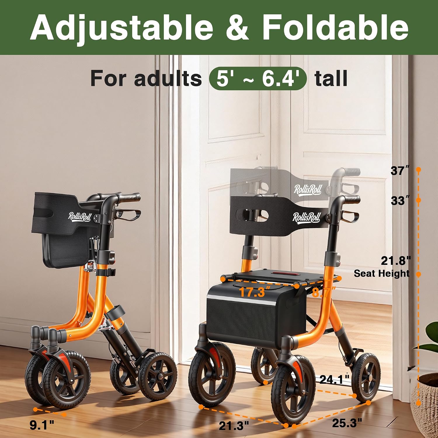 Walkers for Seniors, Rollator Walker with Seat, 10" Big Rubber Wheels All Terrain Rolling Walker, Lightweight Foldable Rollator Walker, Built-in Cable, Reinforced Aluminum Frame, Orange