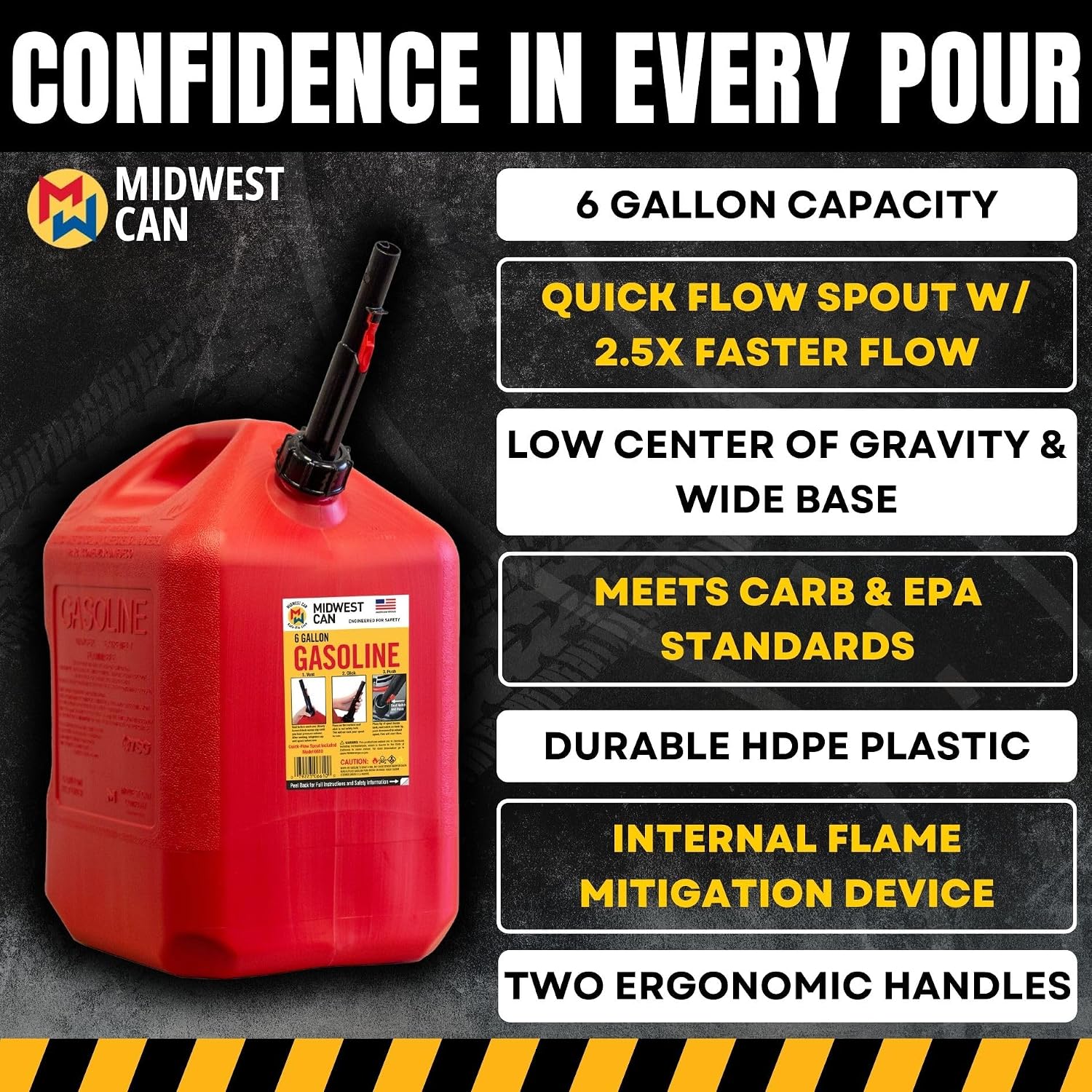 Midwest Can 6610 Safe-Flo Auto Shut Off 6 Gallon Gas Can – Durable Fuel Containers with FlameShield Safety System & Quick-Flow Spout - Red - 4 Pack