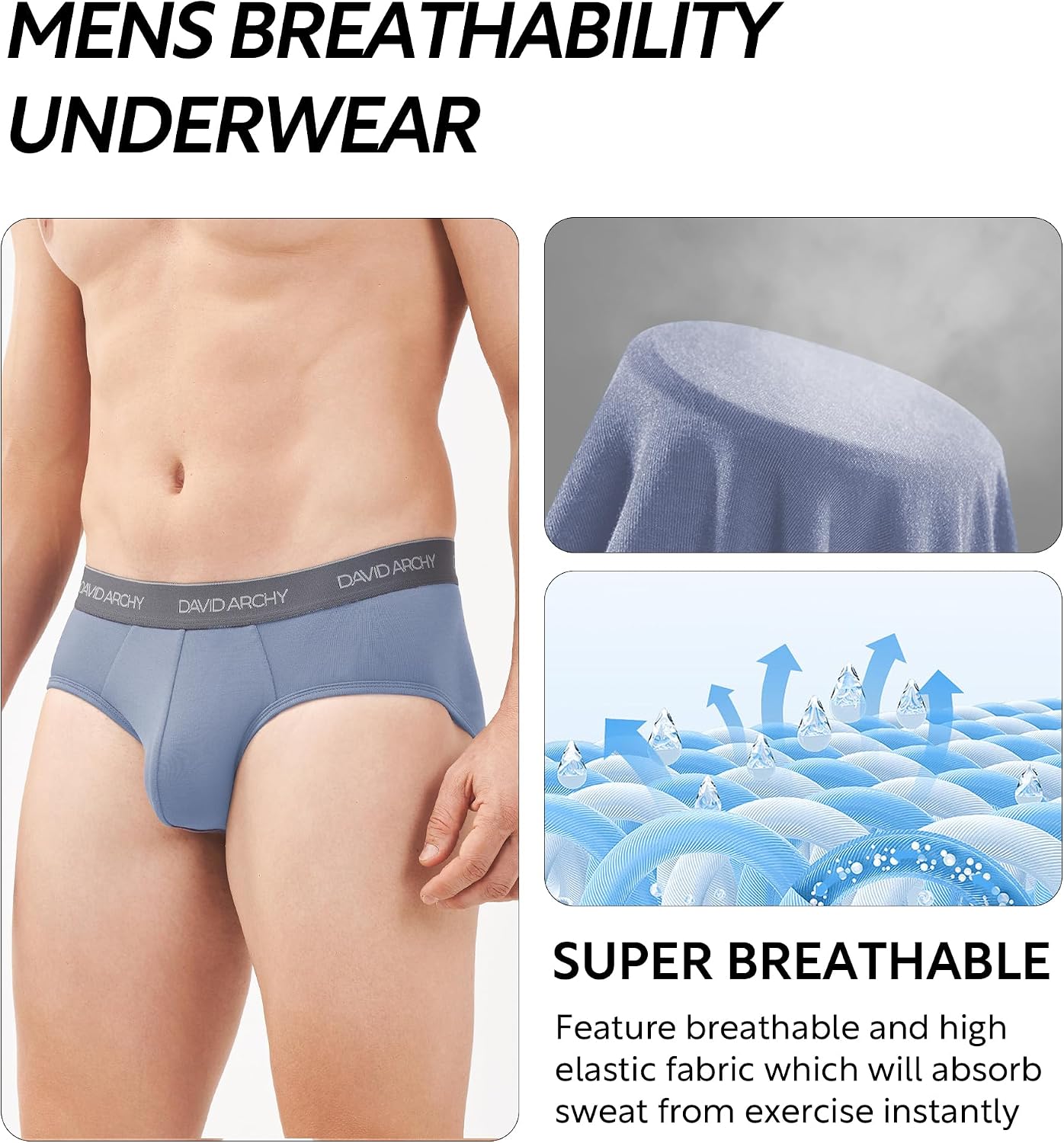 DAVID ARCHY Men's Breathable Support Pouch Underwear Briefs 4 or 7 Pack | Cooling moisture-wicking no-fly Rayon made from bamboo features anti-roll elastic waistbands and vibrant fade resistance.