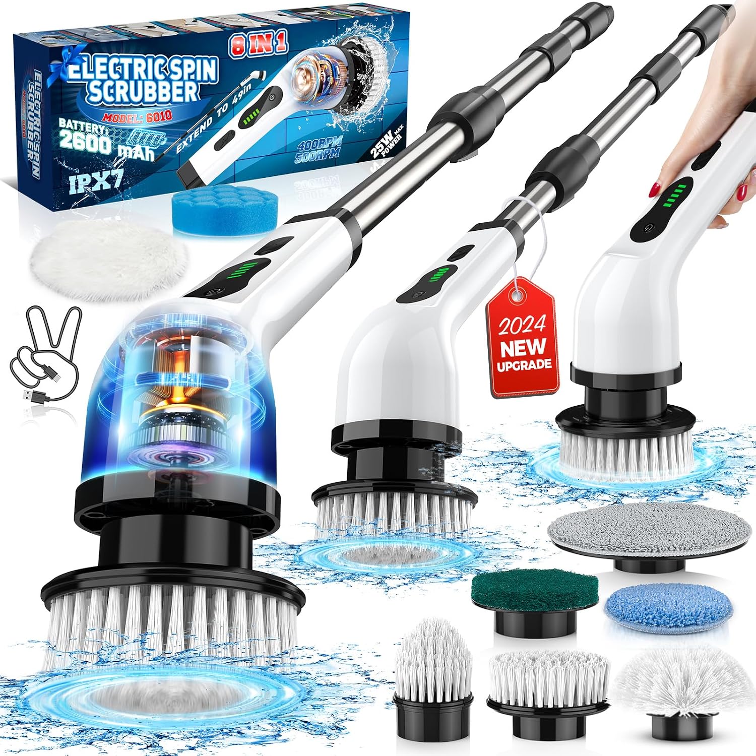Electric Spin Scrubber, IPX7 Waterproof Cordless Cleaning Brush with 8 Replaceable Heads, Dual Speed & USB-C Charging