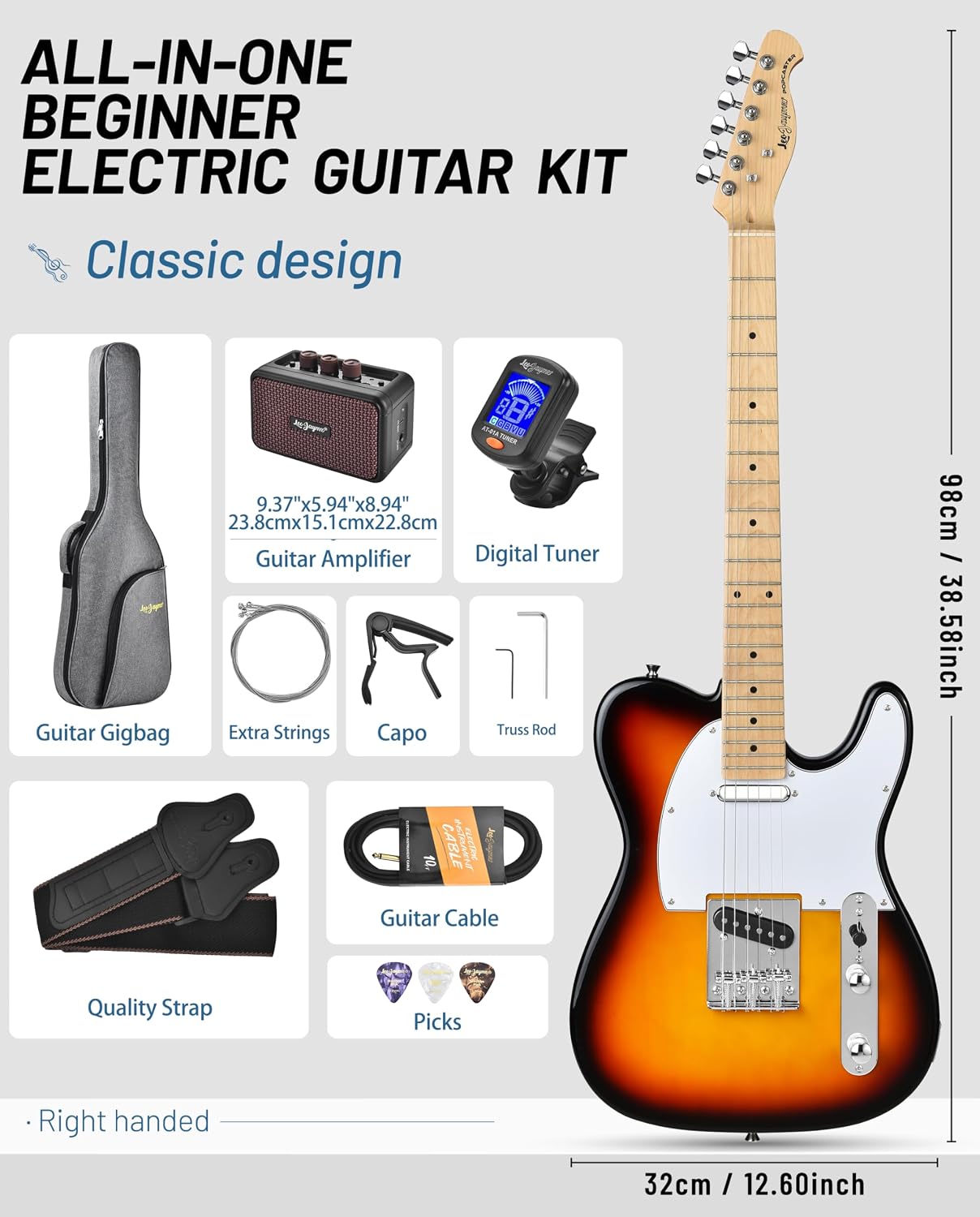 Leo Jaymz Beginner Electric Guitar Complete Kit with Portable Amp, Padded Gig Bag & Full Accessories, Maple Neck (TL-White)