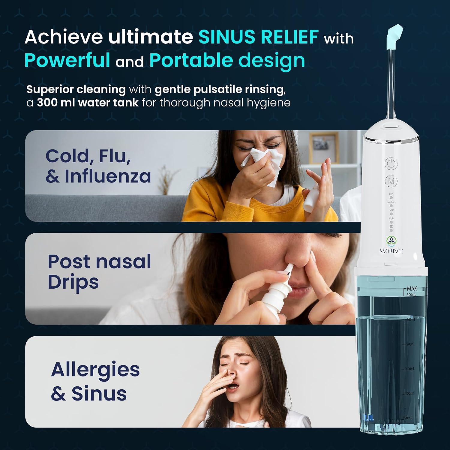 Nasal Irrigation System for Sinus Relief 30 Salt Packs 4 Rinse Modes | 4 Nozzles Portable Cordless Electric Neti Pot Nose Cleaner - Sinus Flush Kit