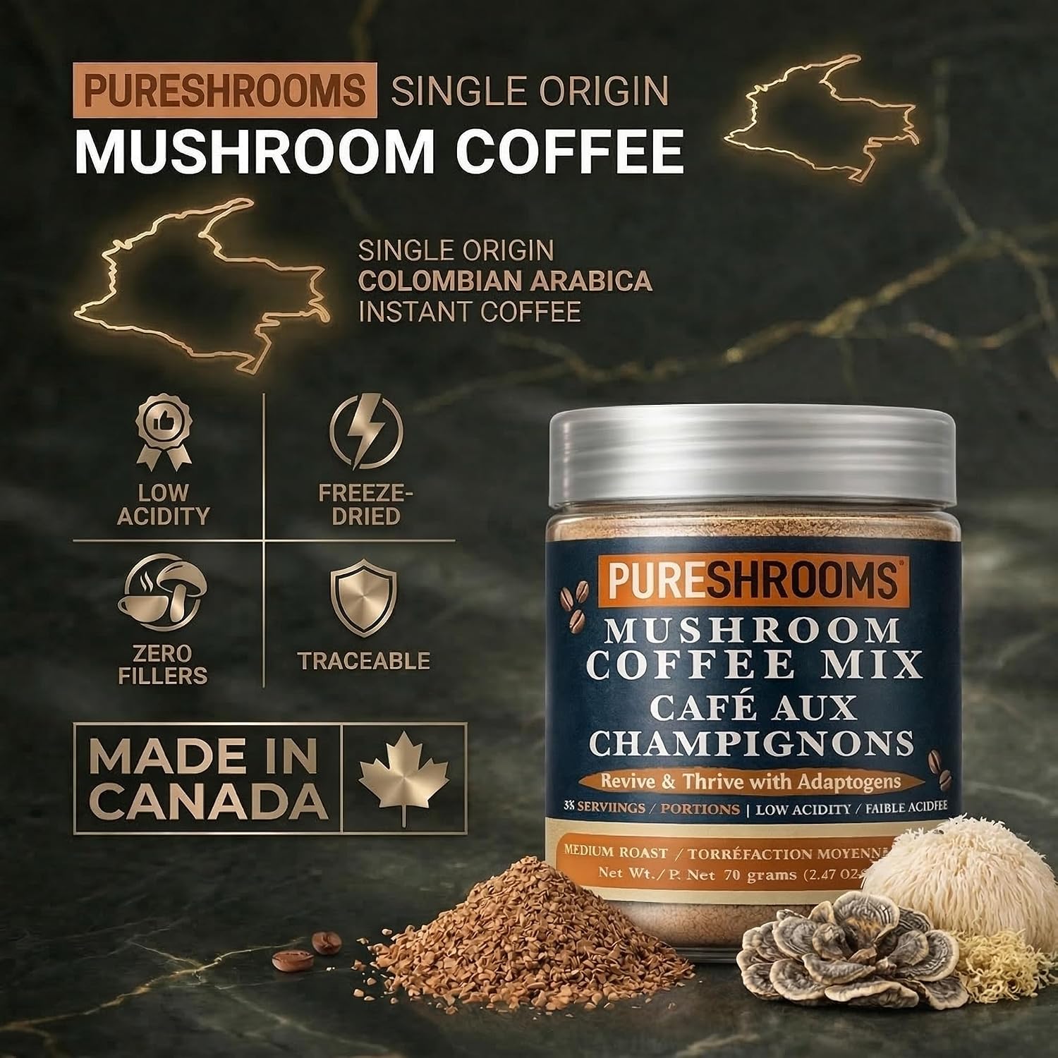 PureShrooms Mind & Body Mushroom Coffee - Instant Colombian Arabica with Organic Lion’s Mane, Reishi & Cordyceps - Low Acidity Nootropic Superfood Beverage for Focus & Vitality, 35 Servings/70g