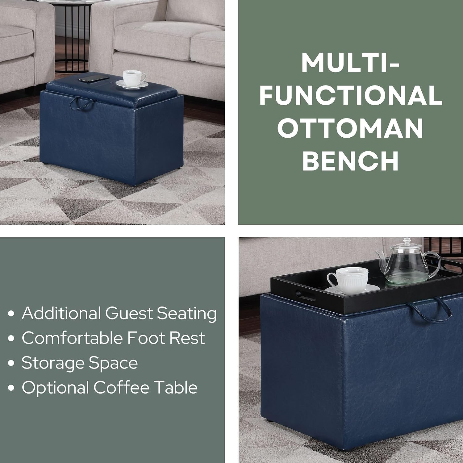 Convenience Concepts Designs4Comfort Accent Storage Ottoman 22.75" - Modern Foot Stool with Decorative Tray for Living Room, Dining Room, Office, Blue Faux Leather