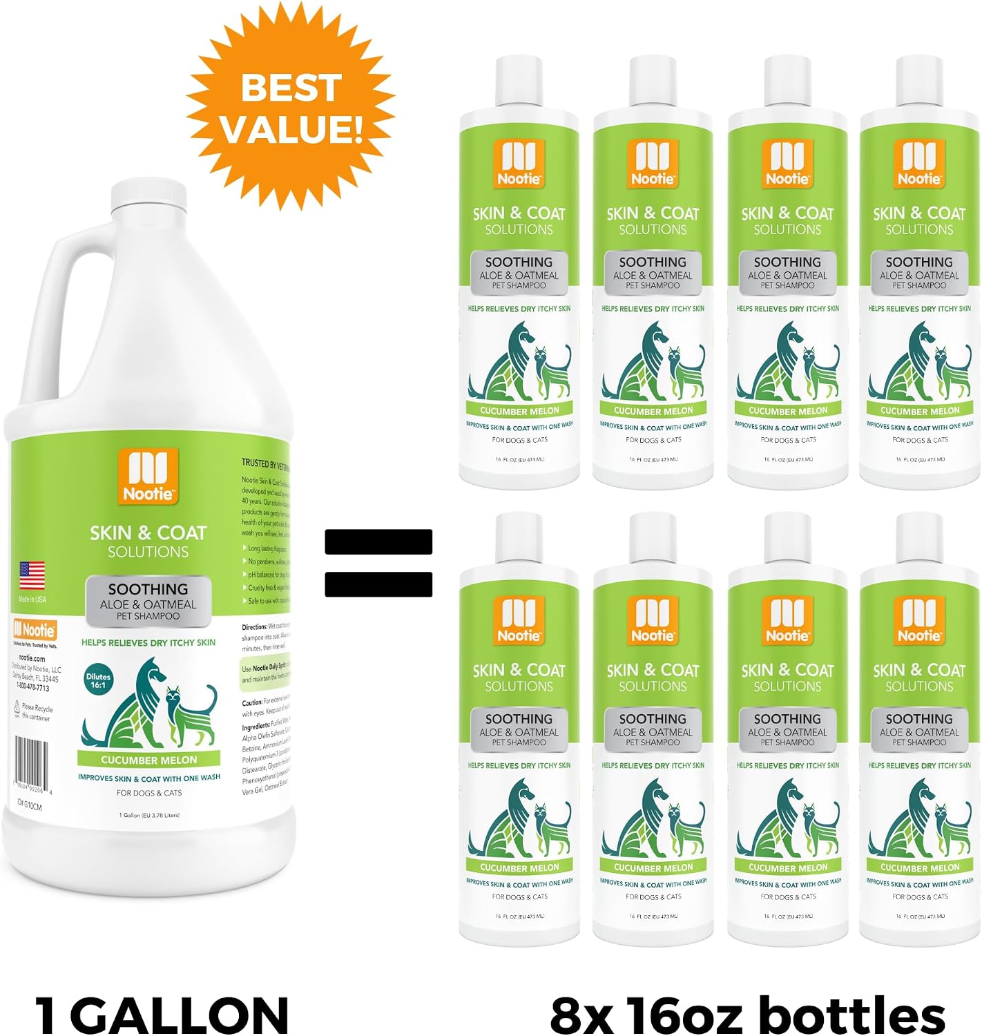 Nootie Cucumber Melon Pet Shampoo for Dogs & Cats, Gentle Oatmeal Formula | 16 oz, dog wash for sensitive skin, helps relieve dry itchy skin for dogs, natural ingredients, cleans & conditions