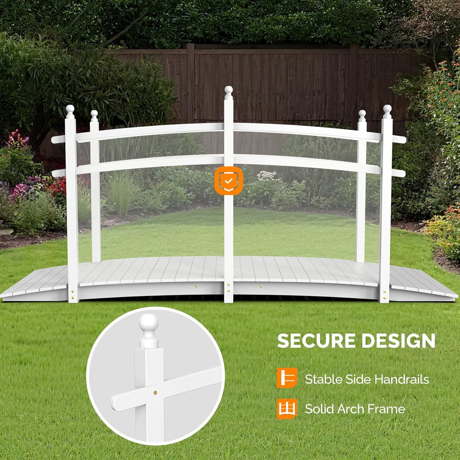 VINGLI 5 ft Garden Bridge, Classic Wooden Arch with Safety Rails Stained Finished Footbridge, Decorative Pond Landscaping, Backyard, Creek or Farm