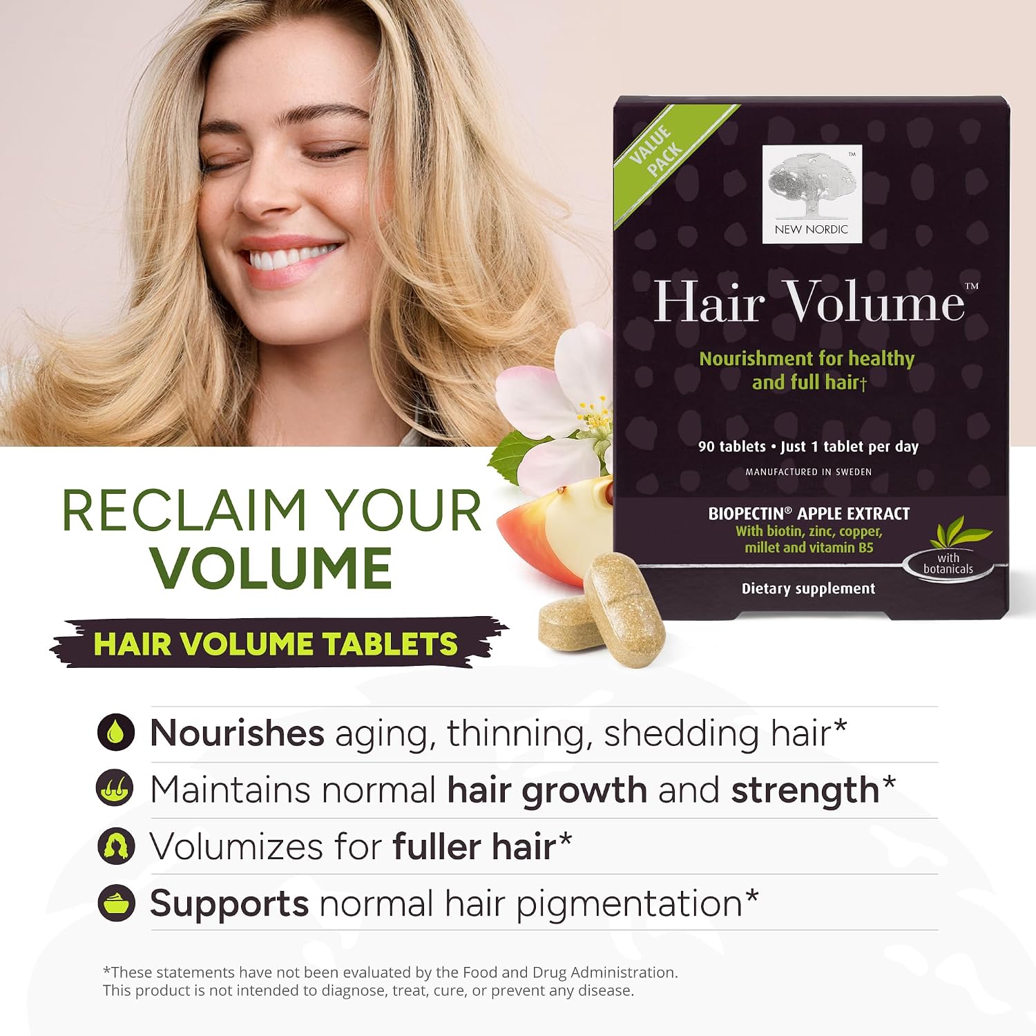 NEW NORDIC Hair Volume Daily Biotin Support Supplement | 90 Tablets | Daily hair supplement tablets made with biotin and Annurka apple extract for simple incorporation into your daily routine