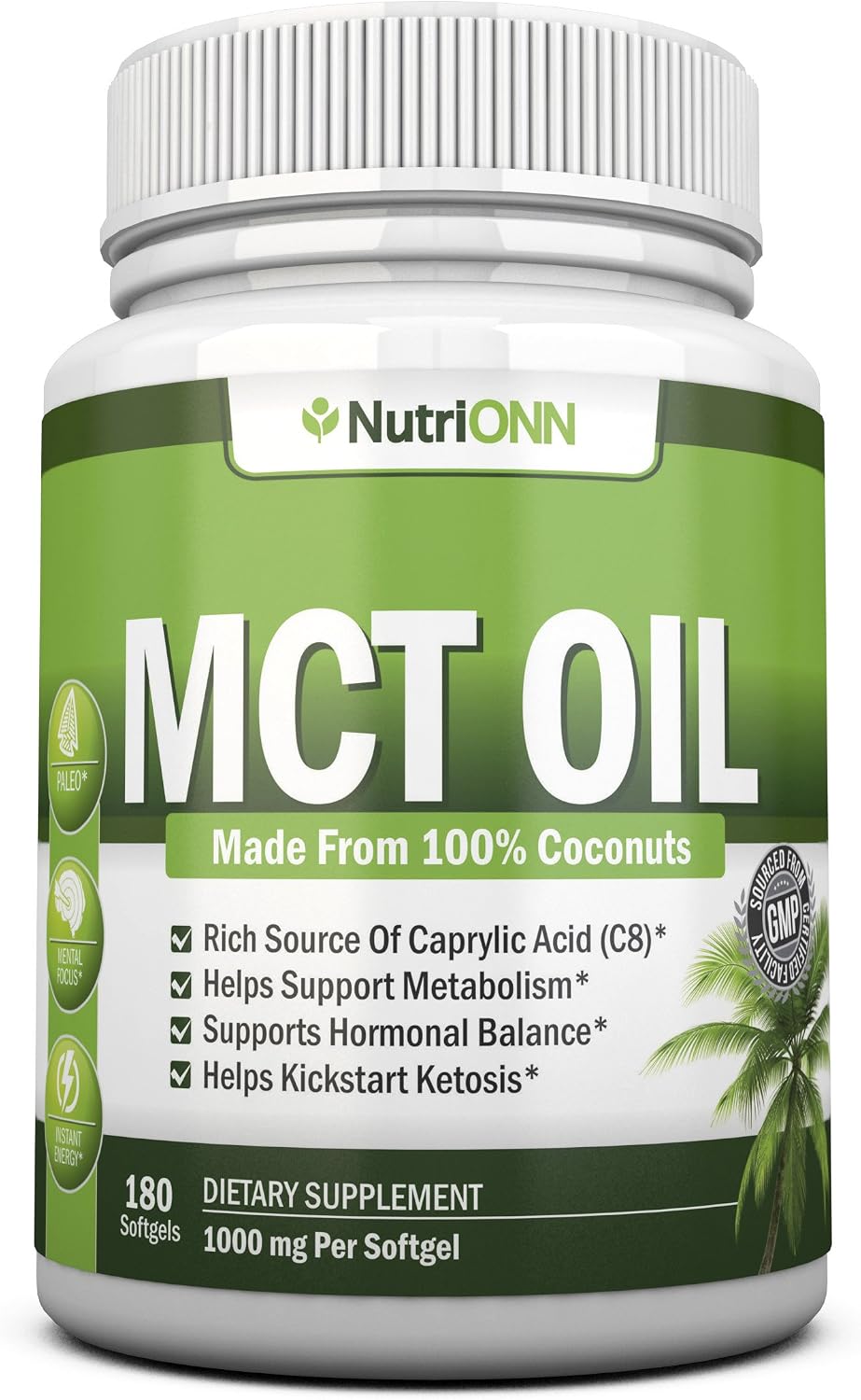 NutriONN MCT Oil - 3000mg Per Serving - 180 Softgels - Made from 100% Organic Coconuts - Non GMO, Cold Pressed