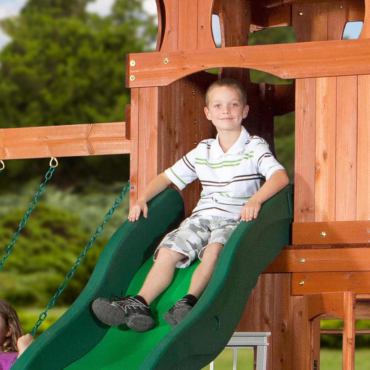 Backyard Discovery Shenandoah Cedar Wood Swing Set with Wave Slide, Raised Clubhouse, Playhouse, Play Kitchen, Belt Swings, Trapeze, Rock Wall, Ladder