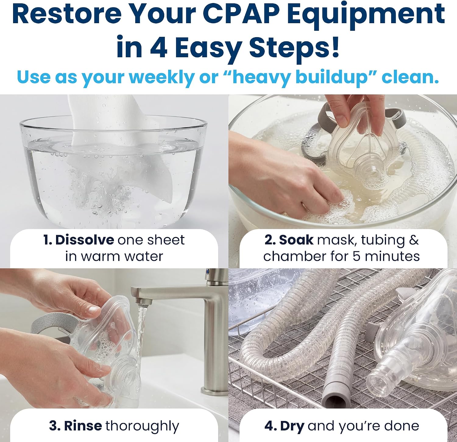 PAPMD CPAP Dissolvable Cleaning Sheets Pro, Light-Moderate Buildup | 30 PCS | Unscented & Dissolvable CPAP cleaning supplies for mask, hose & chamber. Unscented soak & rinse — no scrubbing, no residue.