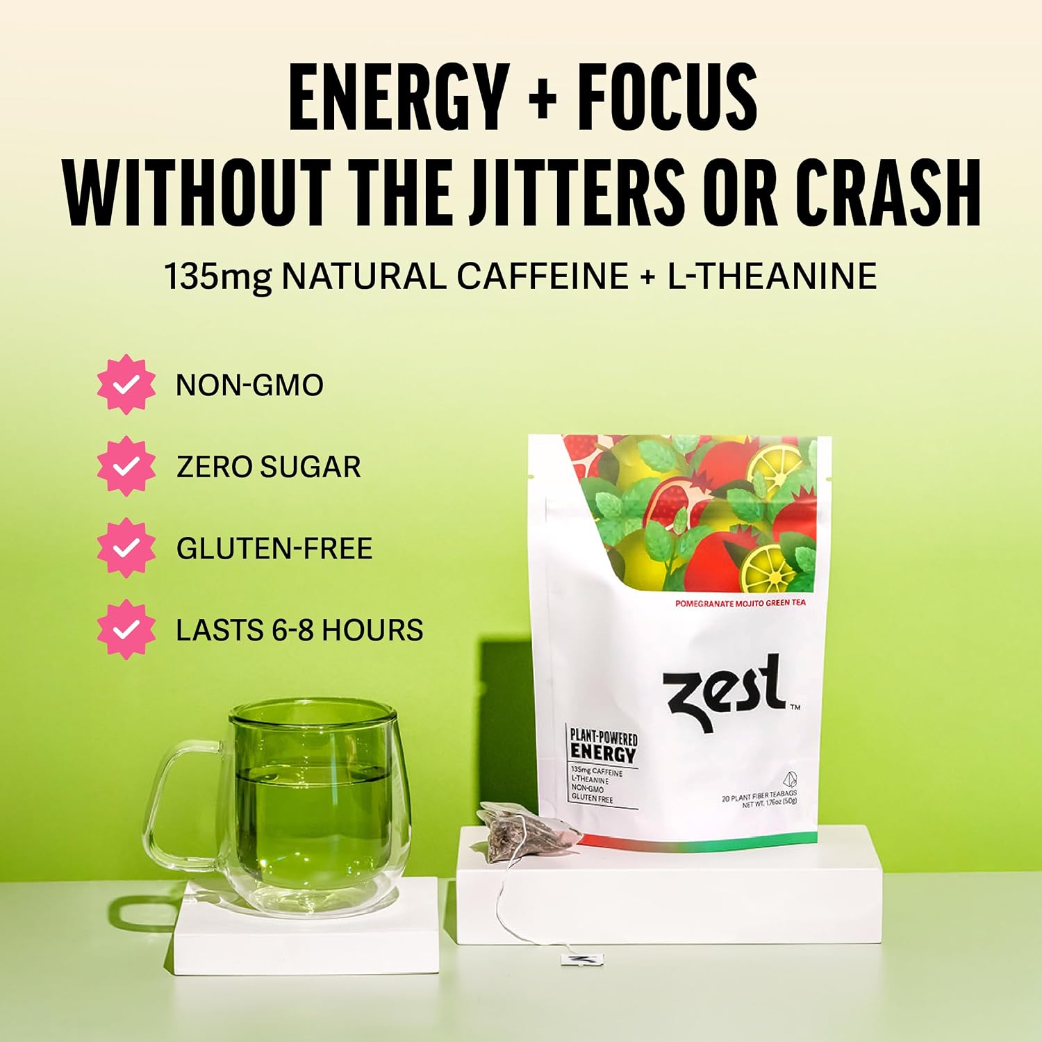Zest Energy Green Tea – Pomegranate Mojito High Caffeine Tea Bags for Focus & Morning Energy – Natural Caffeinated Tea with 135mg Caffeine – Coffee Substitute – 20Ct Pack, Non-GMO & Keto Friendly