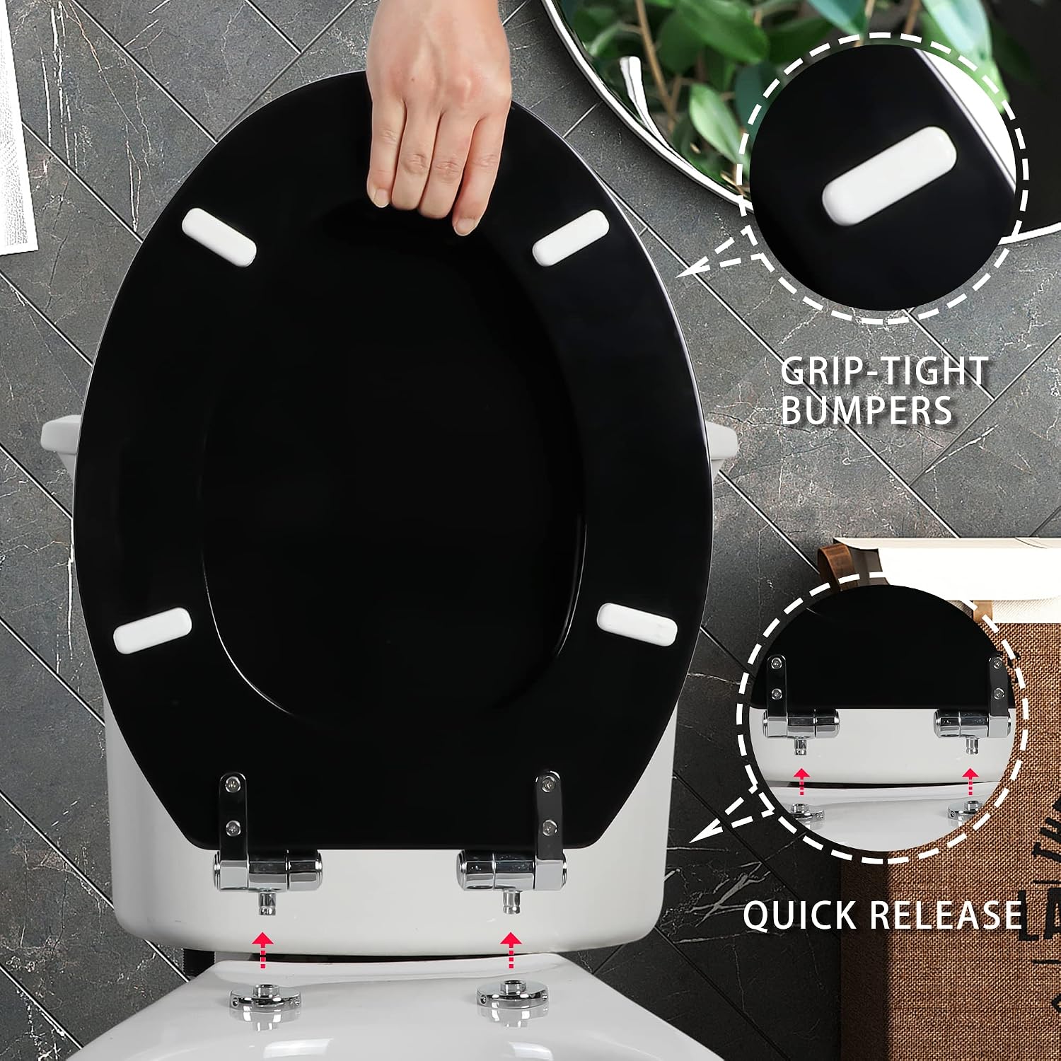Angel Shield Toilet Seat with Zinc Alloy Hinges Quiet-Close Quick-Release Wood Molded UV Lid Easy Clean(Elongated,Black)