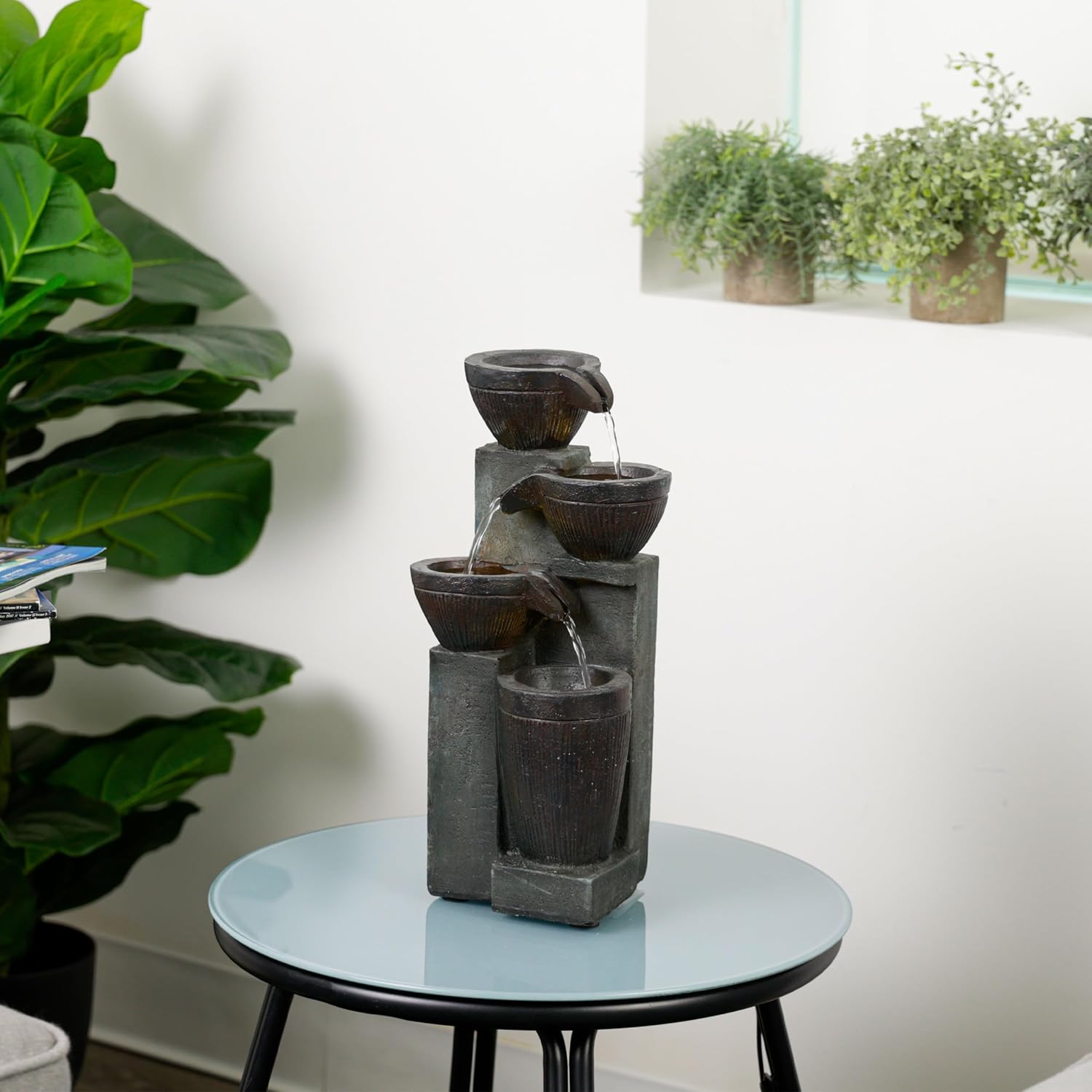 Alpine Corporation WIN326 Indoor Tabletop Light-Up Tiered Rainforest Tree Trunk Water Fountain with LED Lights, 11", Brown