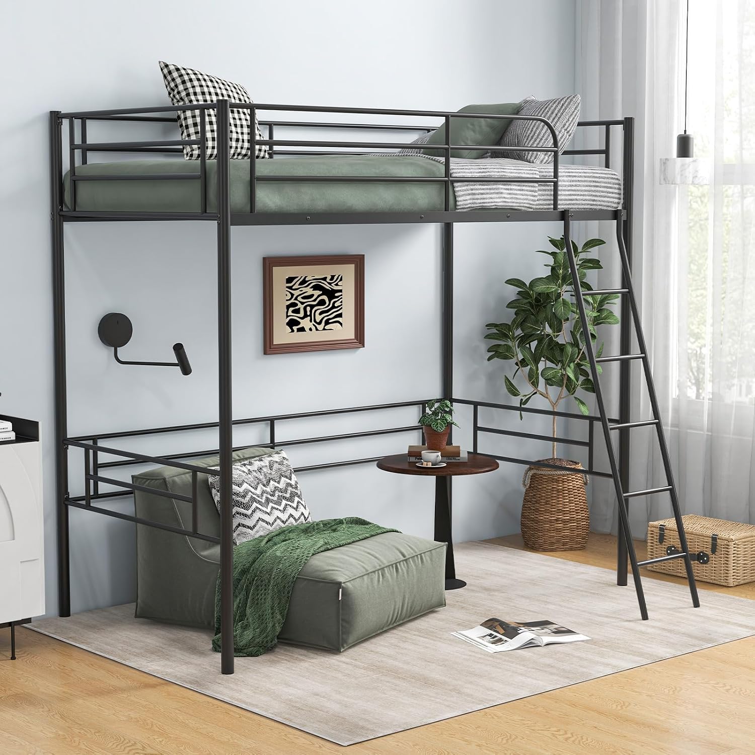 GIANTEX Twin Size Loft Bed, Metal Loft Bed Frame with Ladder & Safety Guardrail, Space-Saving with Ample Space Underneath, for Teens Junior and Adults