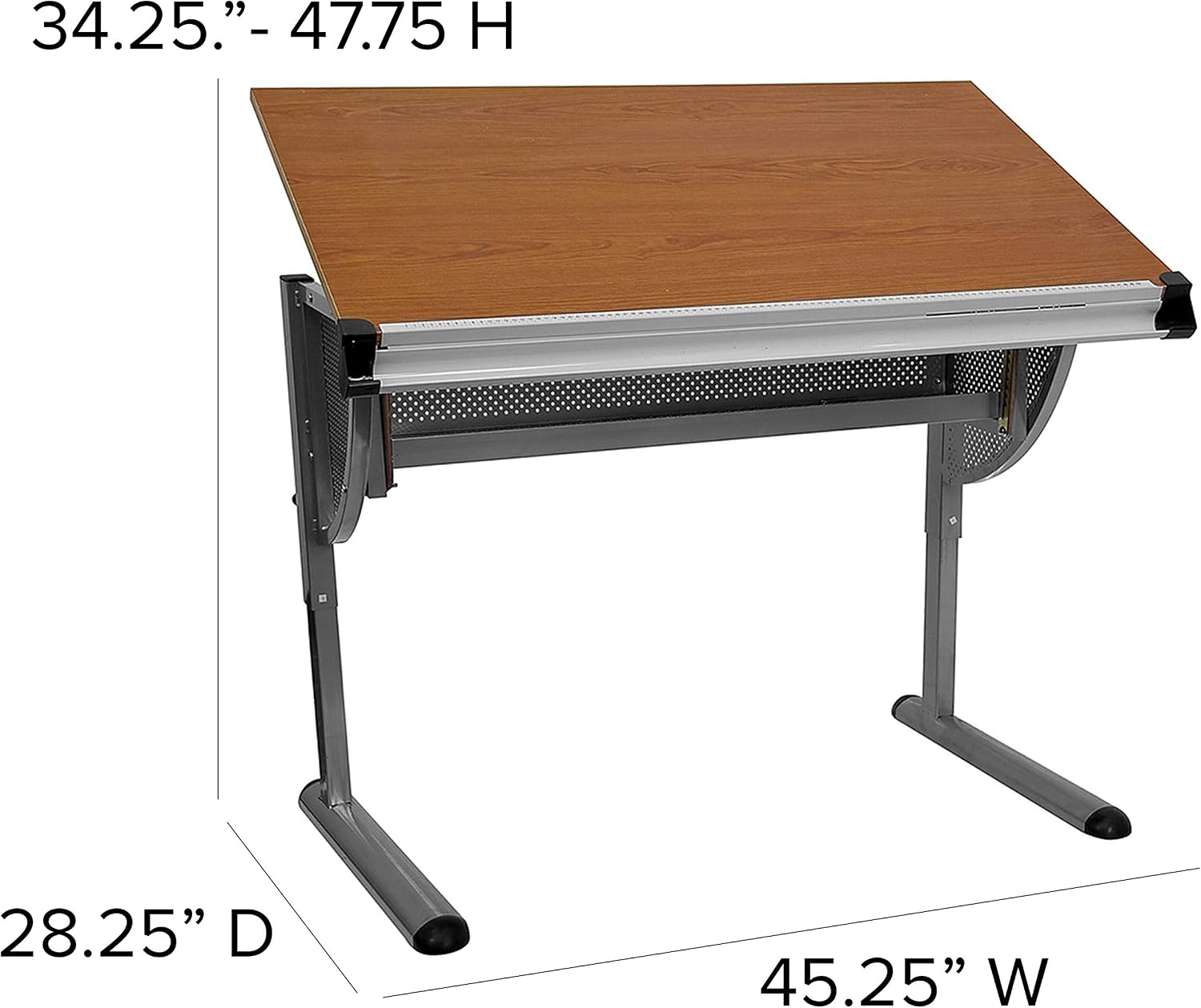 EMMA + OLIVER Adjustable Drawing and Drafting Table with Pewter Frame | Adjustable Angle Surface, Raised Metric Ruler Border