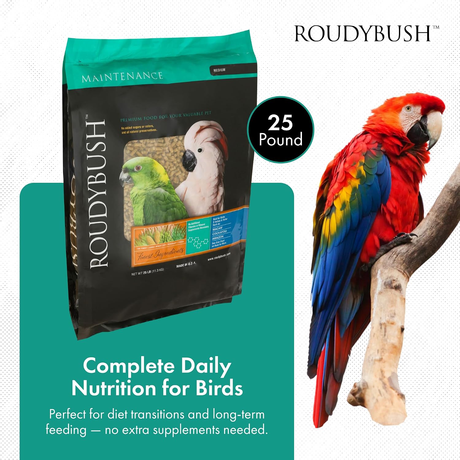 RoudyBush Daily Maintenance Food for Birds - Scientifically Formulated Bird Feed - Bird Food Pellets w/Corn, Wheat, Soy & More - Nutritious & Healthy Feed for Birds (Mini, 44oz)