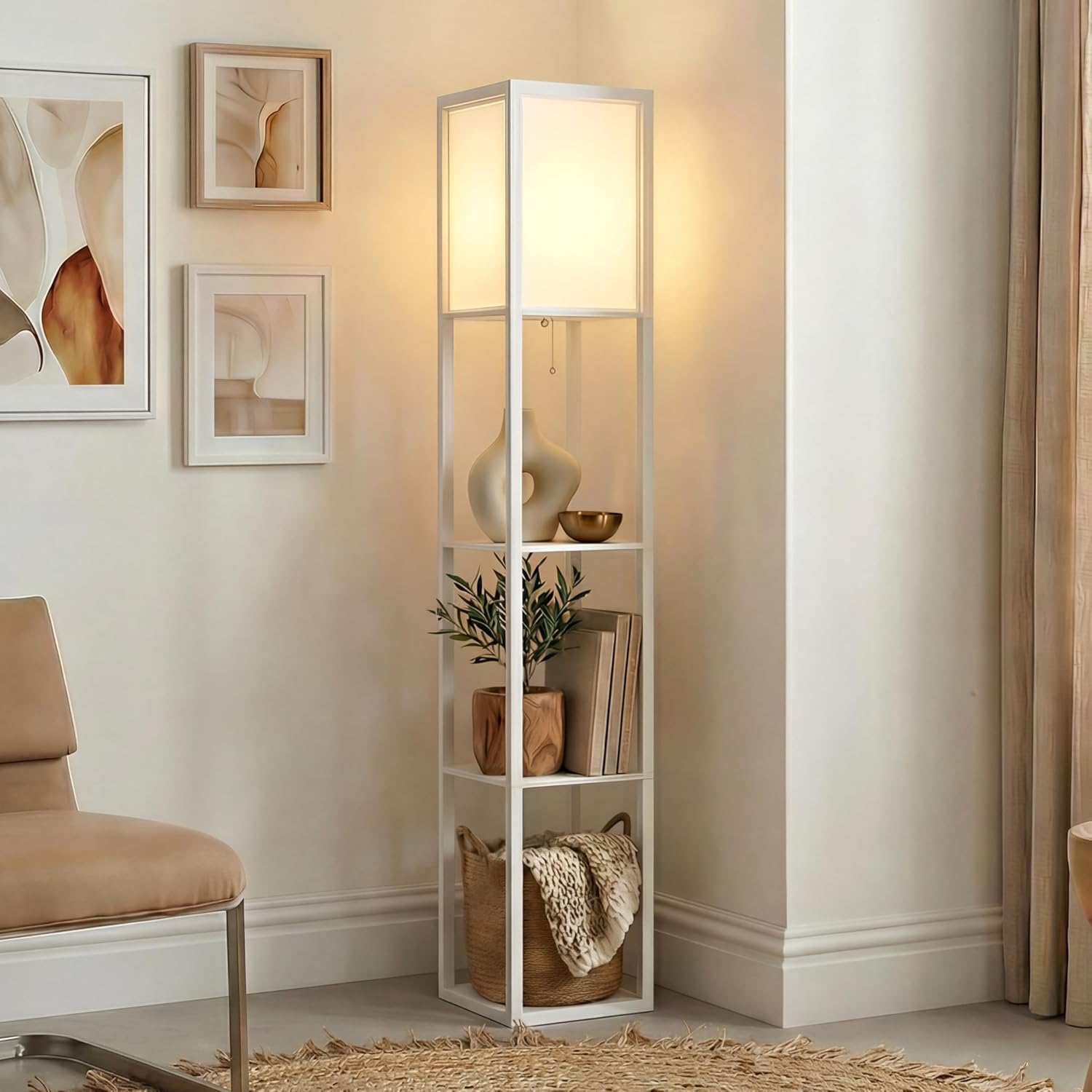 Brightech Maxwell - Modern Shelf Floor Lamp with Lamp Shade & Warm White LED Bulb, Corner Display Floor Lamp with Shelves for Living Room, Bedroom, Nightstand Office, Home Decor Storage - Natural Wood