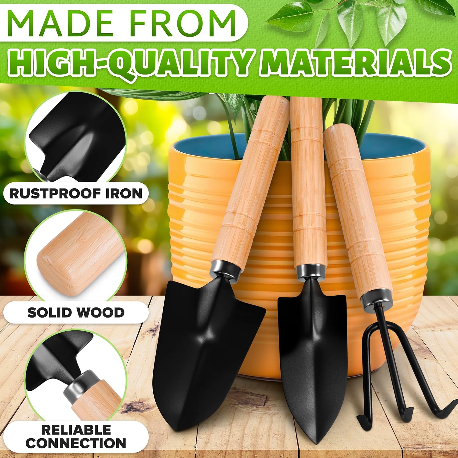 3 Pcs Mini Garden Tools, Shovel, Rake, Wooden Handles, Steel Heads | Small Gardening Tools Set, Tiny Trowel for Transplanting, Repotting and Planting, for Indoor Plants, Succulents and Bonsai