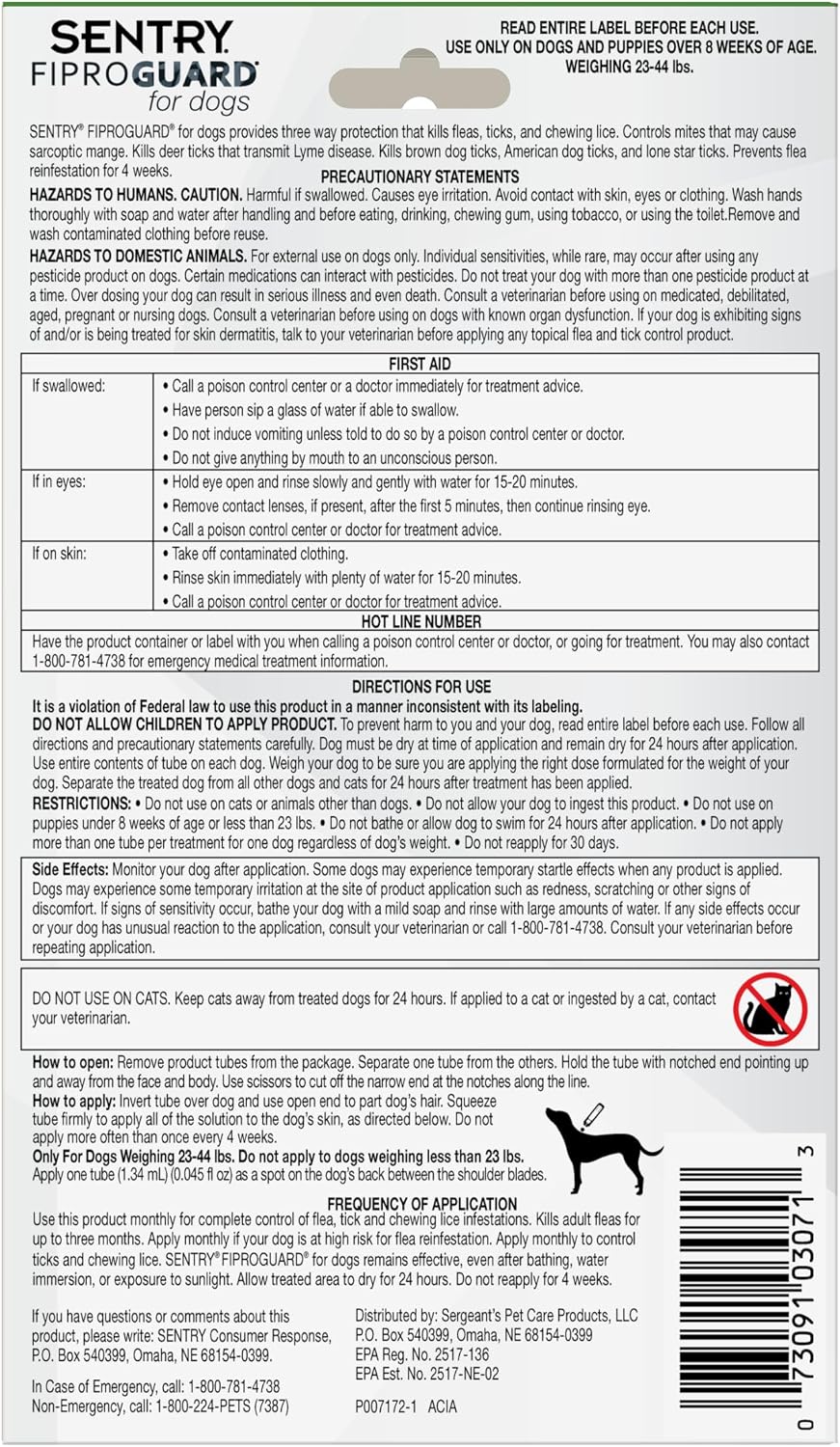 Sentry Fiproguard for Dogs, Flea and Tick Prevention for Dogs (23-44 Pounds)