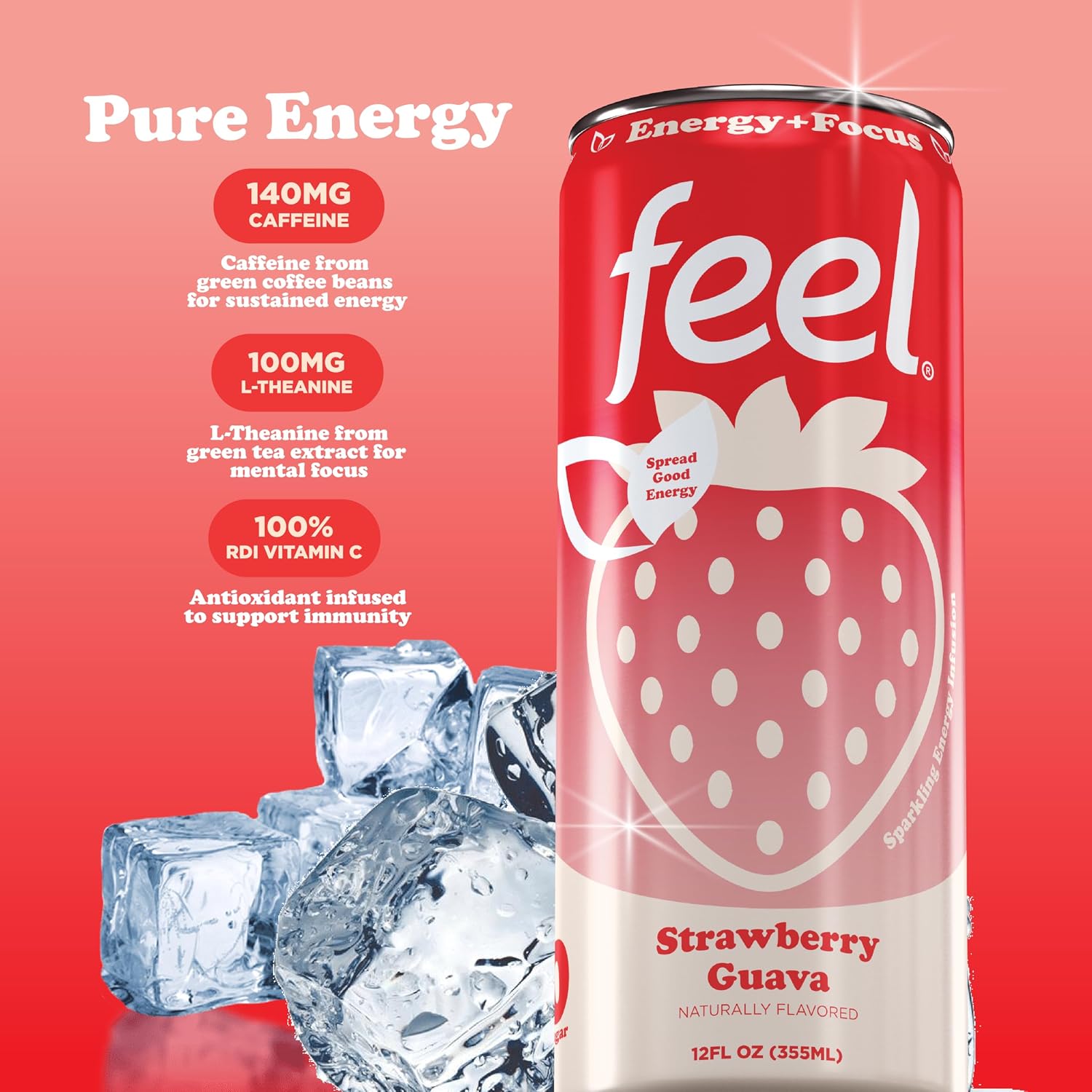 FEEL Variety Pack – Zero Sugar Sparkling Energy Drink – 3 Flavor Assortment, 140mg Plant-Based Caffeine from Green Coffee Beans + L-Theanine – Vitamin C, Vegan, Non-GMO – 12 Pack (12 Fl Oz Cans)
