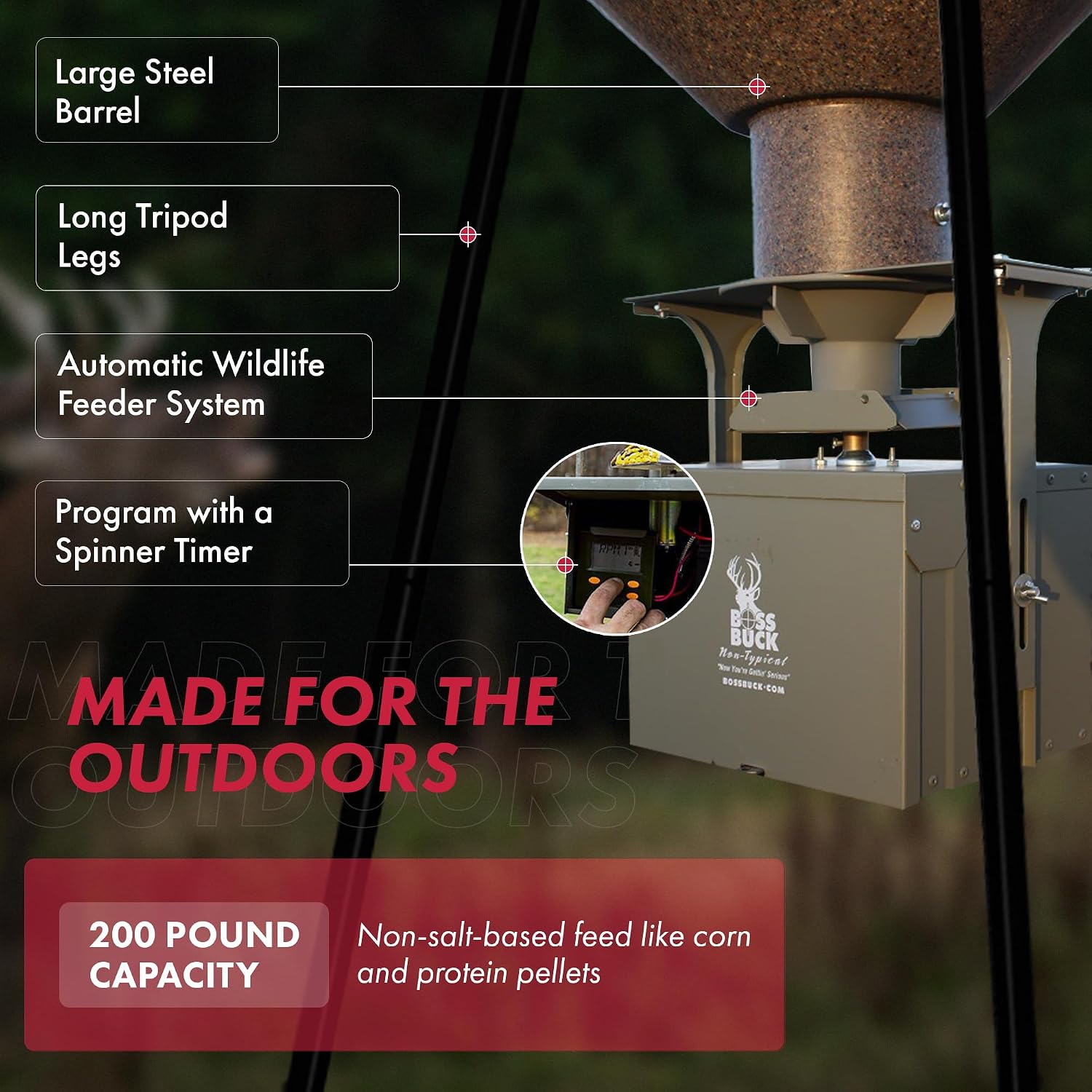 BOSS BUCK 200 LB Deer Feeder/Hunting Durable Lightweight Plastic UV Protected Waterproof Game Feeder with 12V Spinner Automatic Delivery System & Multi-Piece Legs