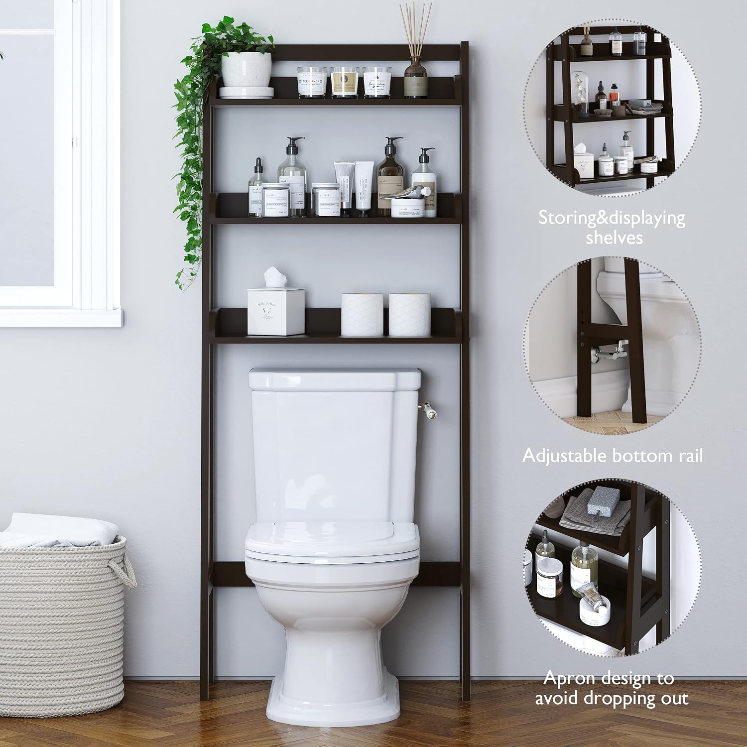 UTEX Over The Toilet Storage Shelf, 3-Tier Bathroom Organizer, White | FSC-Certified MDF, Open Ladder Design, Adjustable Lower Crossbar, Anti-tip Hardware, 33-Inch Clearance, Raised Side Guards