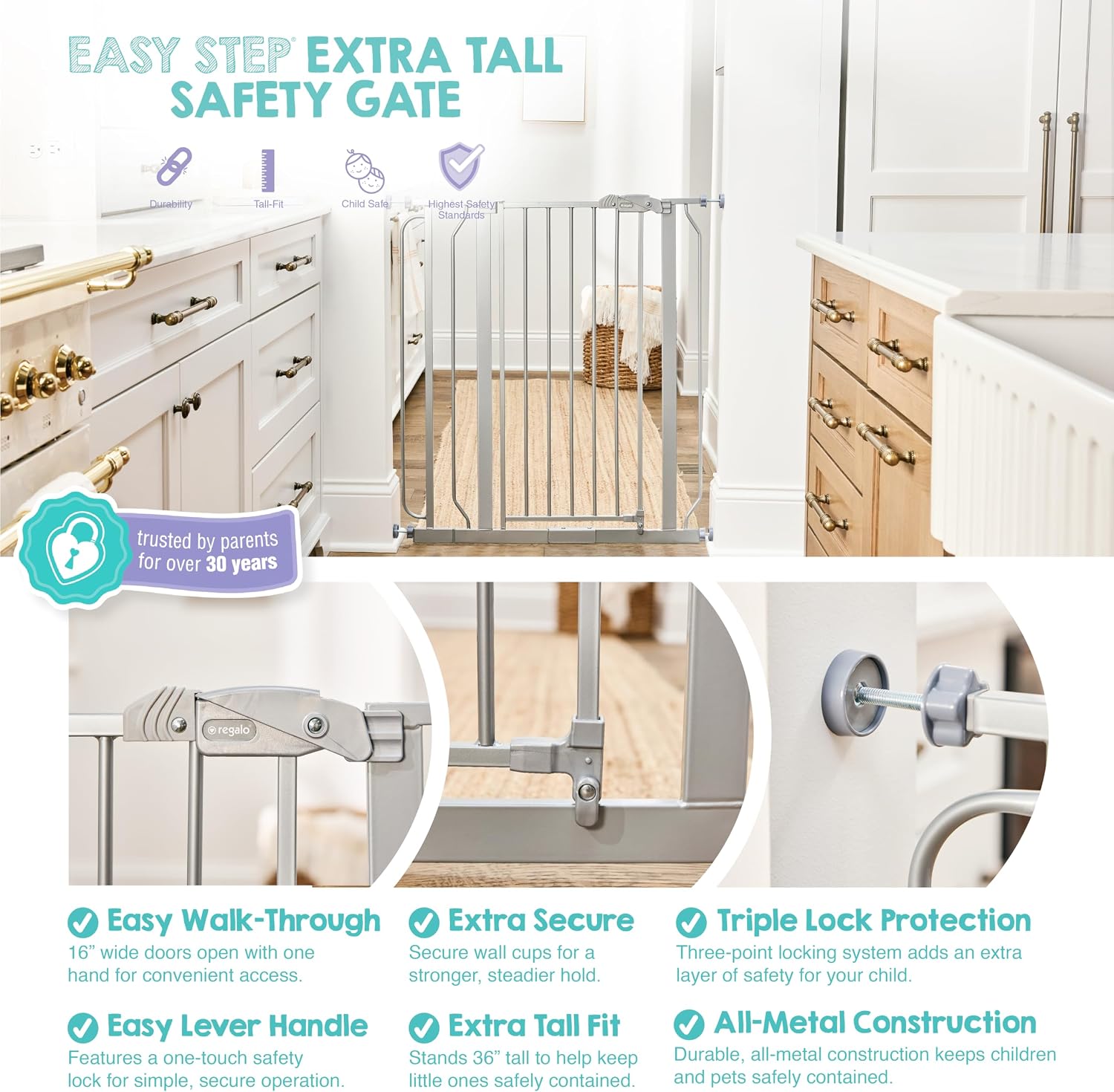 Regalo Safety 29"-49" Extra Wide Baby Gate, Bottom of Stairs & Doorways | Pressure Mounted with Door, For Babies, Toddlers & Pets, White, Tested & Trusted for 30 Years