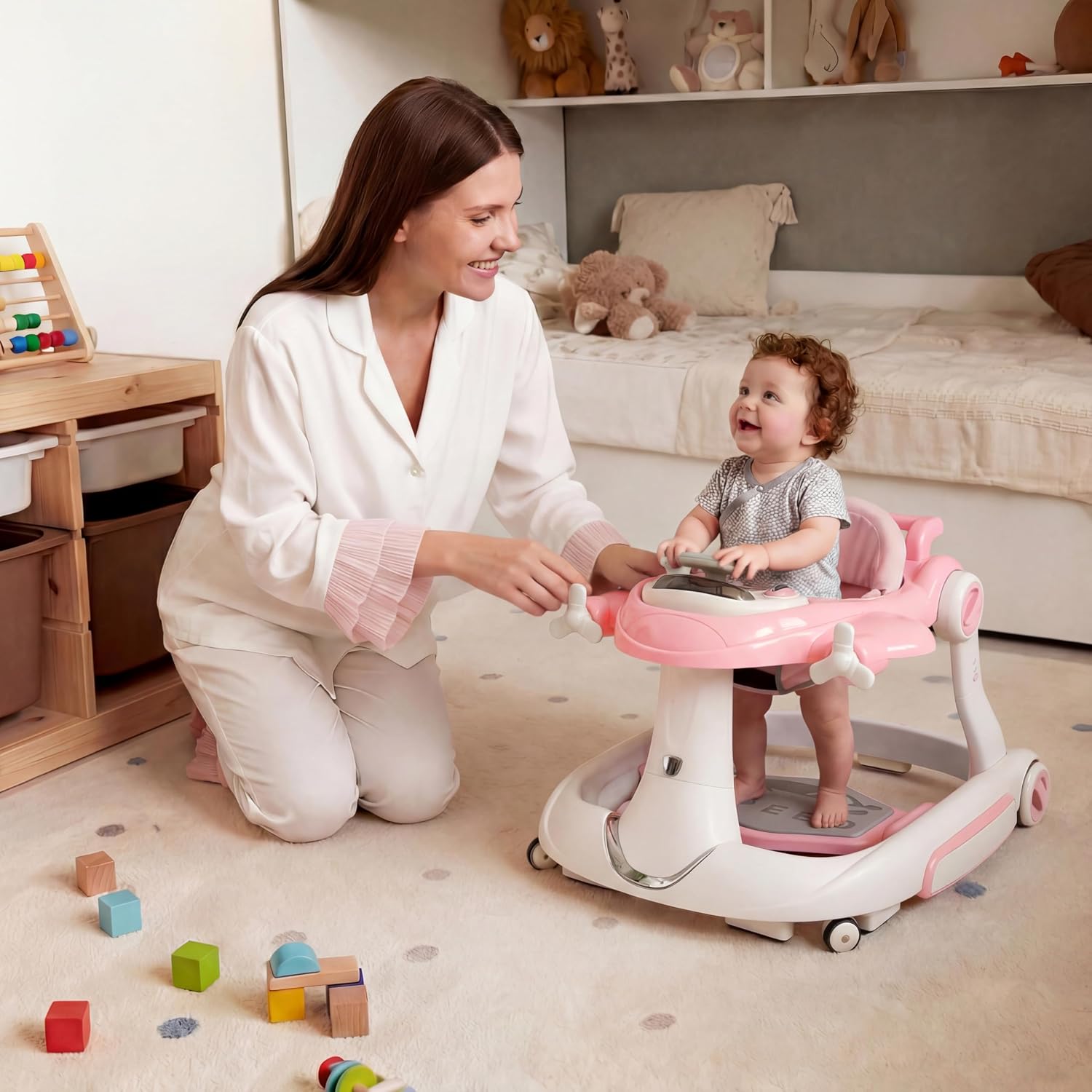 7 in 1 Foldable Baby Walker, Rock/Push Mode/Activity Center, Green | Adjustable Height & Speed, Music, Lights, Footrest, Detachable Play Toy Panel, Walker with Wheels for Infants 7-18 Months