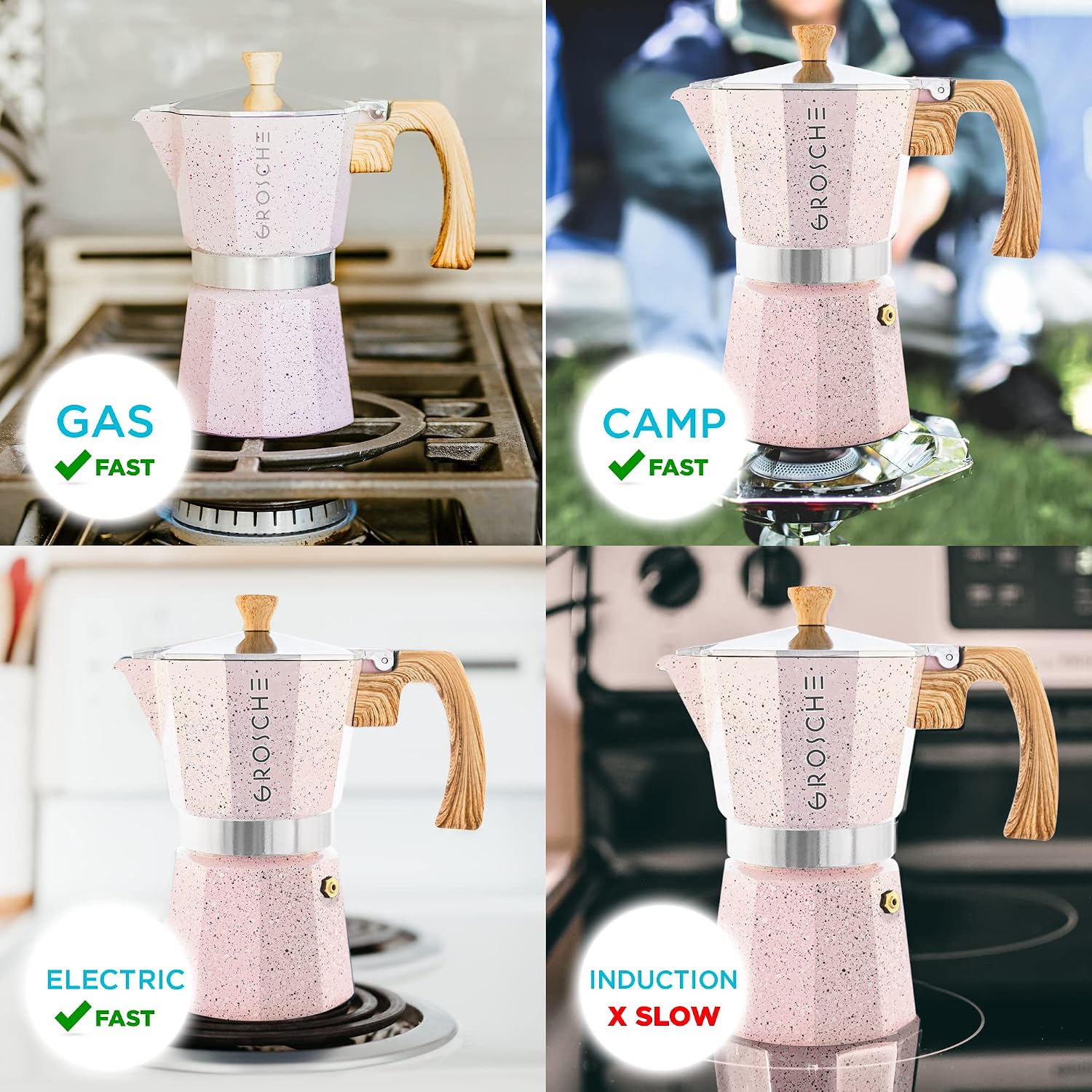 GROSCHE Milano Moka Pot | 9 Espresso Cup - 15.2 oz | Stovetop Espresso Percolator & Coffee Maker – Portable, Ideal for Home and Camping | Cuban Coffee Maker And Italian Moka Pot For Stovetop Espresso; For Gas, Electric, And Propane Stoves With A Soft-Tou…