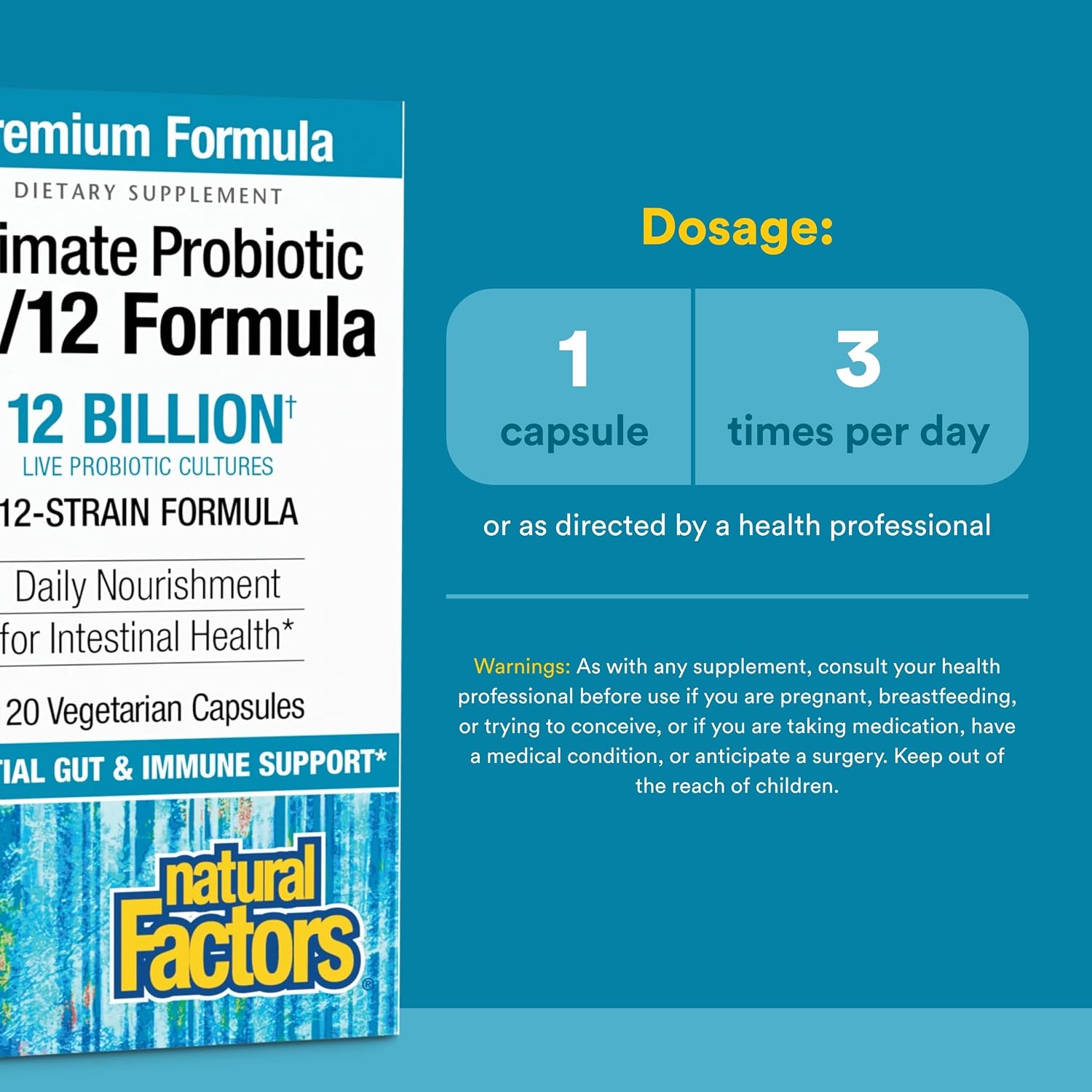 Natural Factors Ultimate Probiotic 12/12 Formula - Digestive Health Support Supplement with Probiotics - Immunity & Gut Health Support Supplement - 120 Vegetarian Capsules (120 Servings)