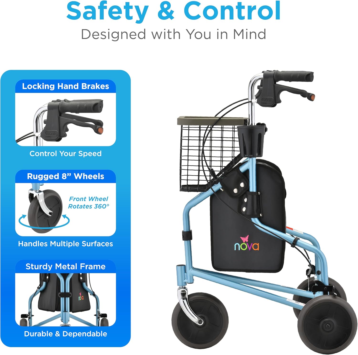 NOVA Traveler Folding 3-Wheel Walker with Tray, Basket, Pouch & Cup Holder, Lightweight Mobility Aid for Seniors & Adults, 8” All-Terrain Wheels for Tight Spaces & Travel, Sky Blue