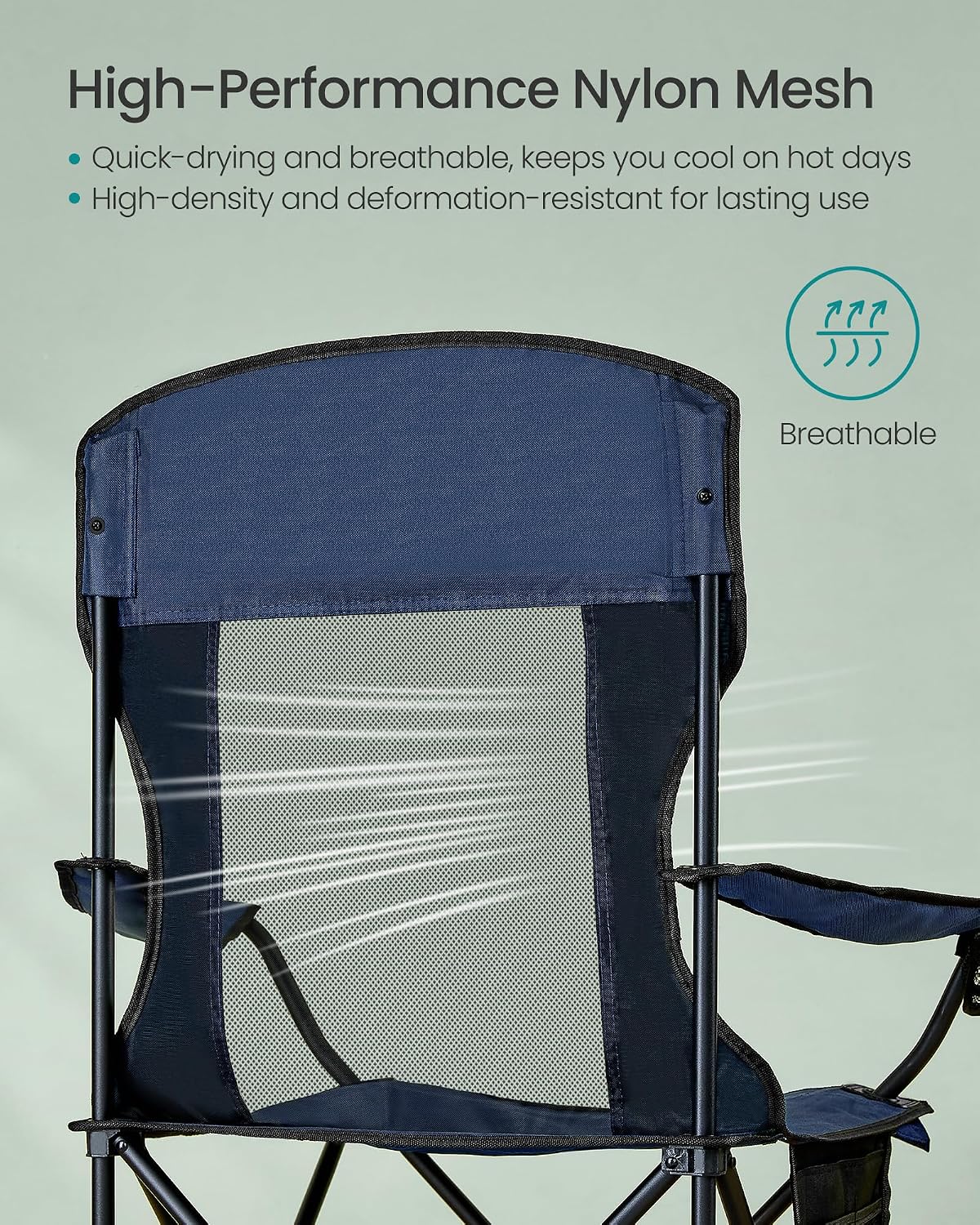 SONGMICS Camping Chair, Folding Oversized Chair, Comfortable and Heavy-Duty, 352 lb Weight Capacity, Adjustable Armrests with Cooler Bag, Storage Bag, Breathable Mesh, Bijou Blue UGCB060Q01