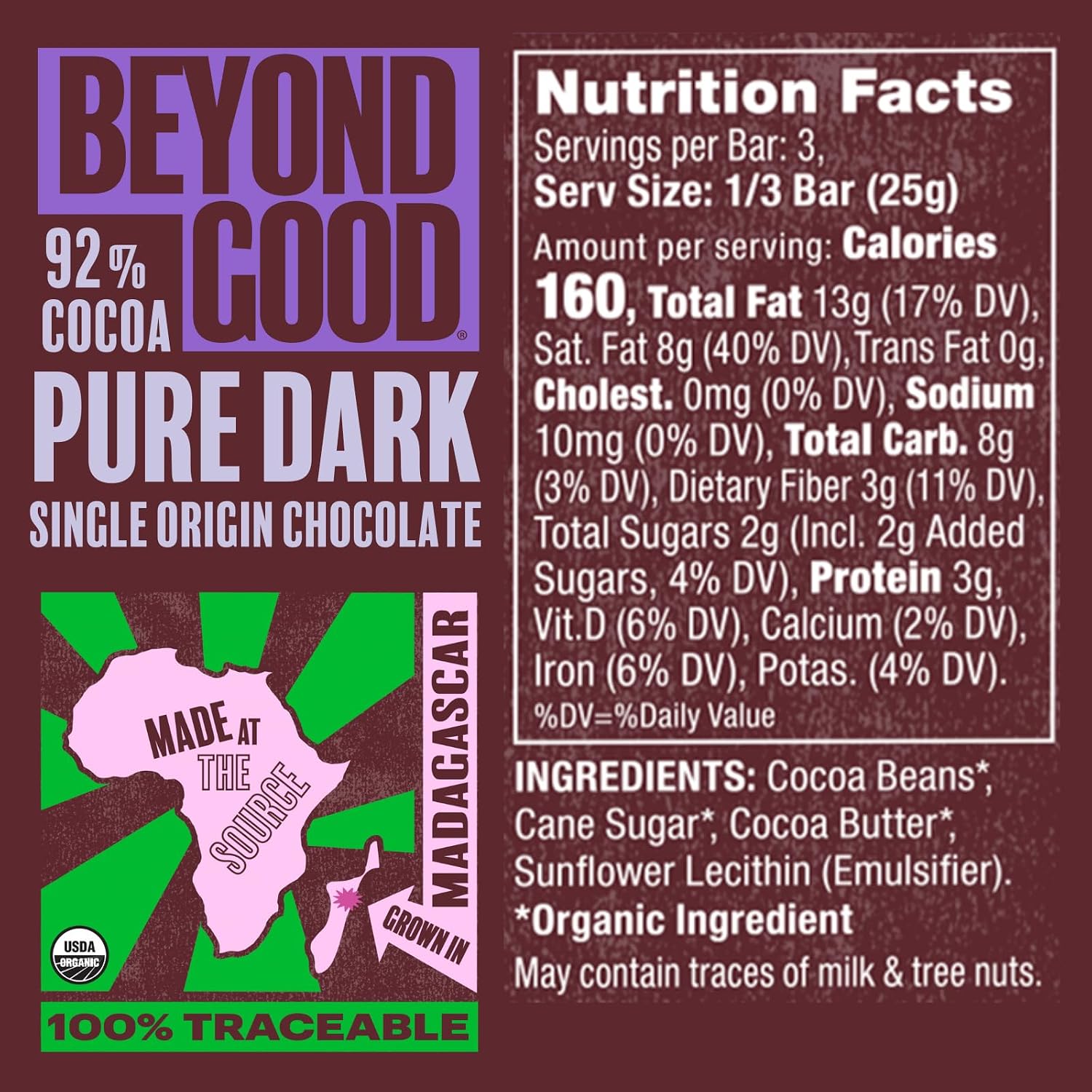 Beyond Good Organic 92% Dark Chocolate Bar, 2.64 OZ