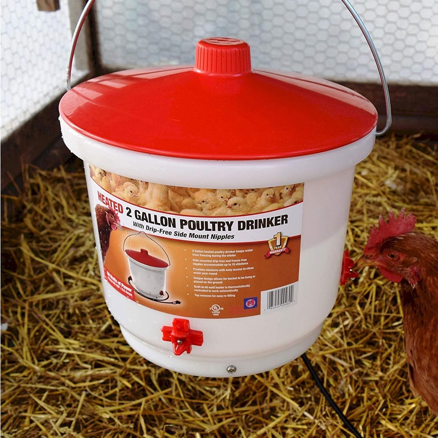Farm Innovators HB-60P Thermostatically Controlled Heated 2 Gallon Plastic Outdoor Year Round Poultry Chicken Water Bucket Drinker, White/Red | Thermostatically controlled to keep water from freezing, side mounted drip-free/freeze-free nipples for up to…