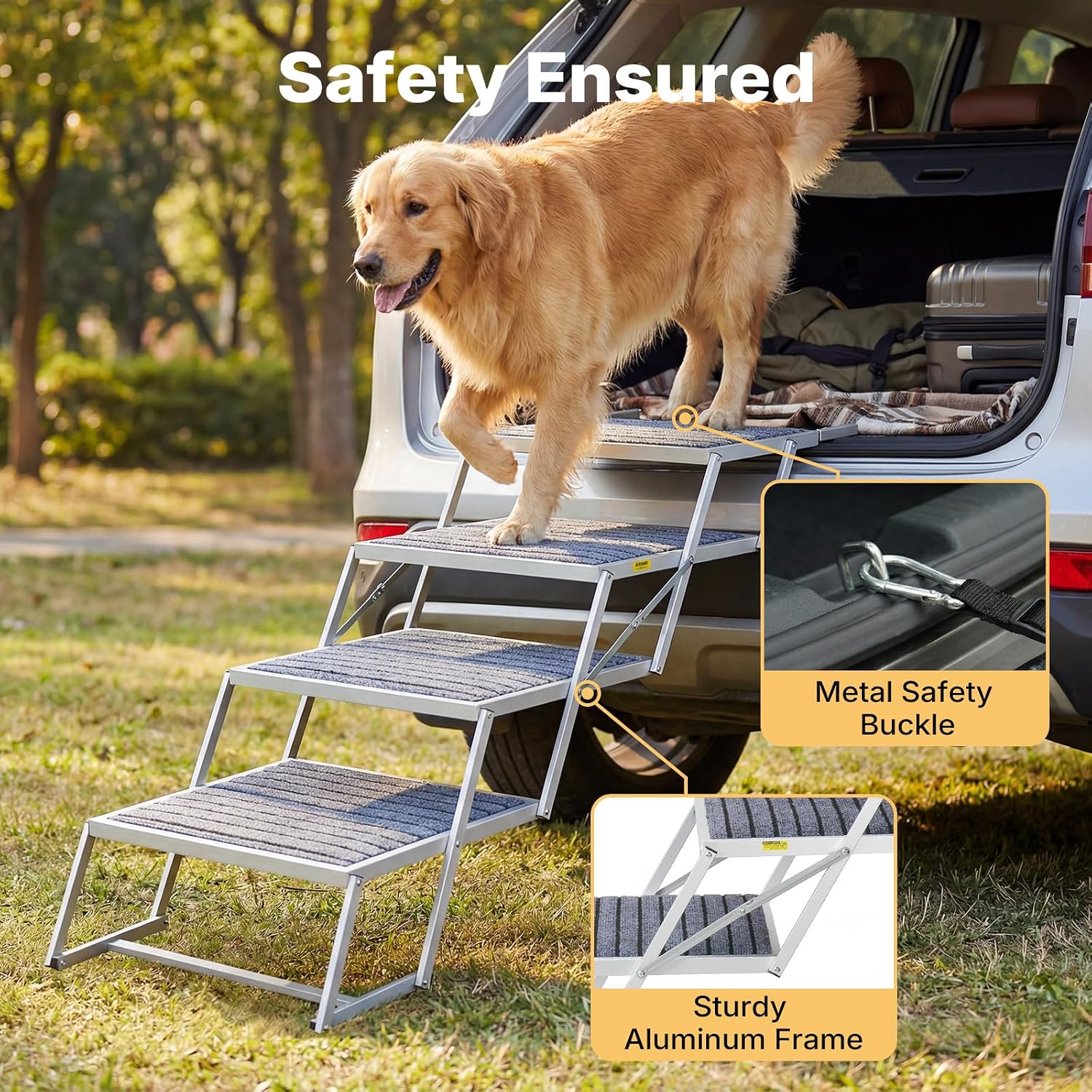 Veehoo Folding Dog Steps Large for Car Truck SUV, Dogs Car Stairs 20" Wide | 4 Steps Foldable Pet Step Aluminum Dog Stairs for Injured Senior Dogs Heavy Duty Pet Ramp Ladder Non Slip, up to 170lbs