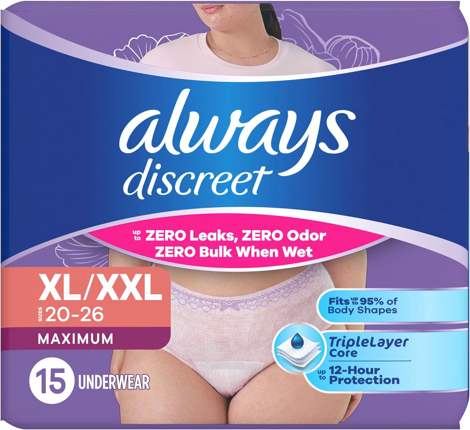 Always Discreet Adult Diapers for Women, Incontinence Underwear, Postpartum Essentials, Disposable Briefs, Max Absorbency, Bladder Leak Protection, Small/Medium, 32ct