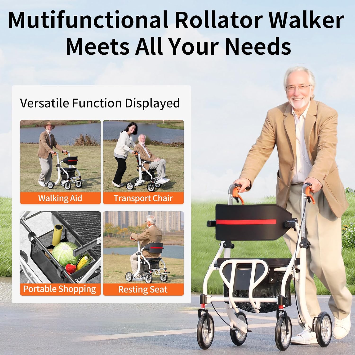 Nihhcune 4 in 1 Rollator Walker Transport Wheelchair Combo - No Assembly | 20lb Lightweight Mobility Rolling Walker with Seat for Seniors, Foldable Travel Chair, 8" All-Terrain Wheels, Supports 300lbs