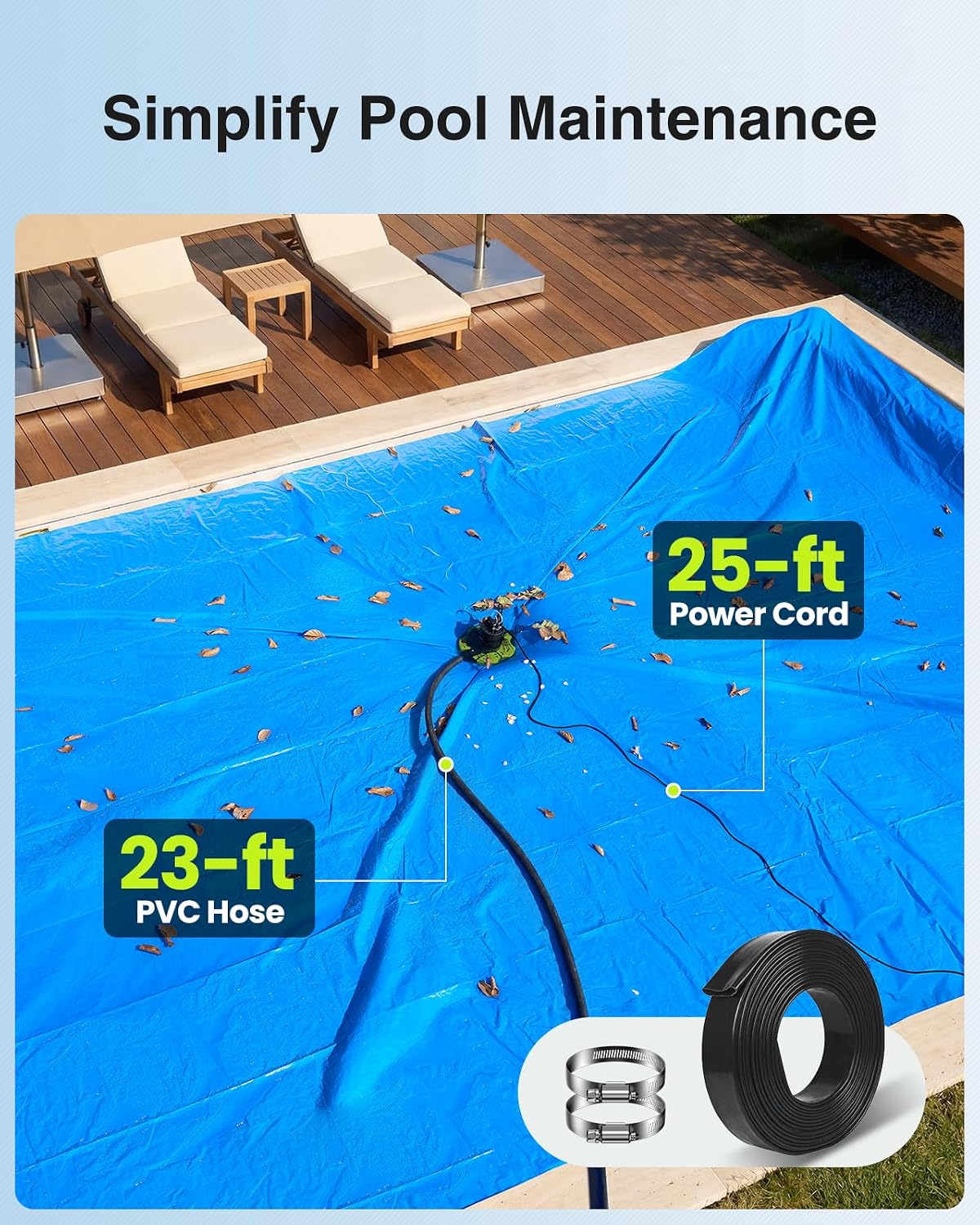 3035 GPH 2-in-1 Pool Cover Pump & Submersible Water Pump with 23FT Hose | 1/3HP Auto On/Off Sump Pump with Anti-Clogging Filter Bag for Swimming Pool